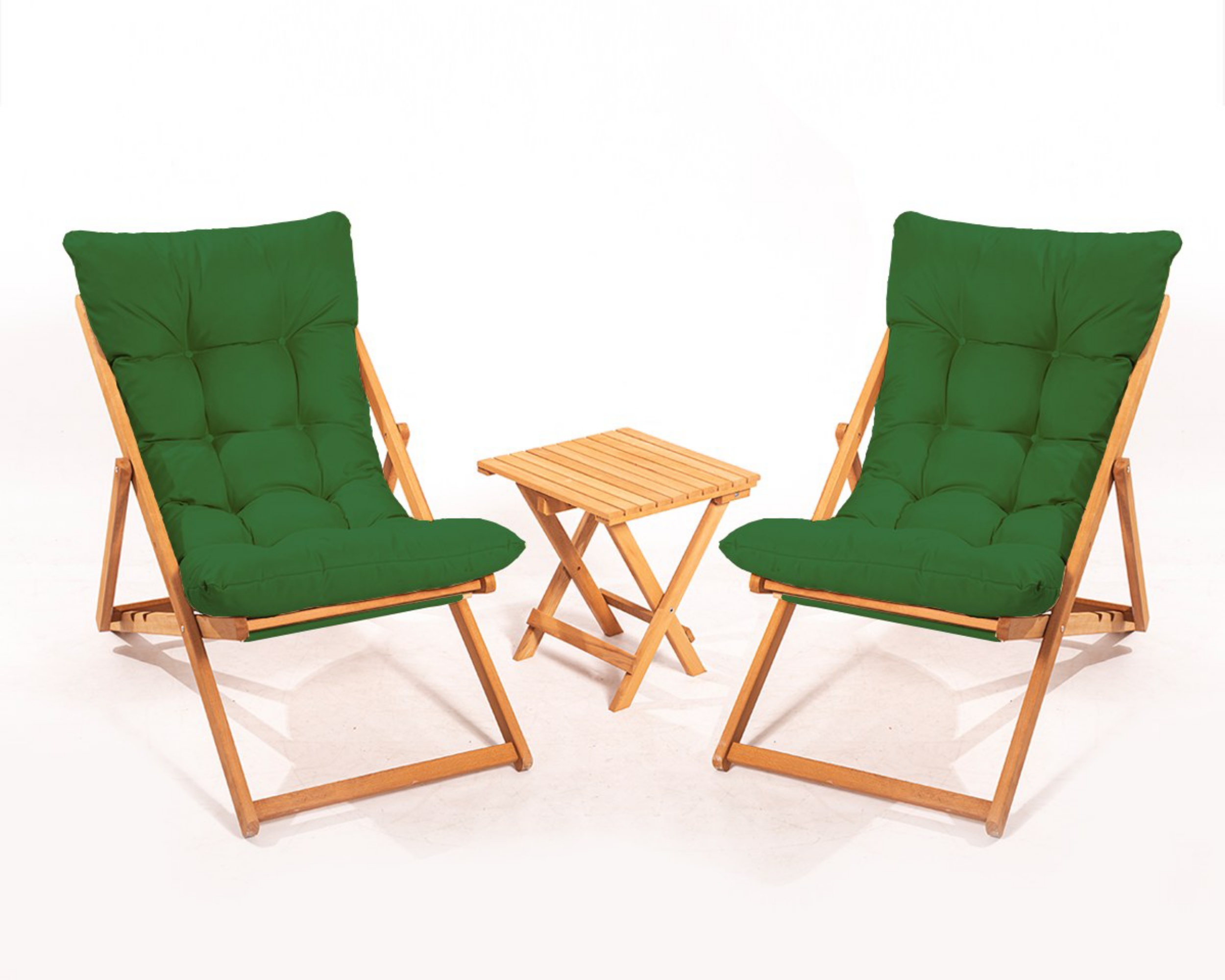 Zestaw drewnianych leżaków ogrodowych Bertive i stolika/ zielony poduchy - zdjęcie 1