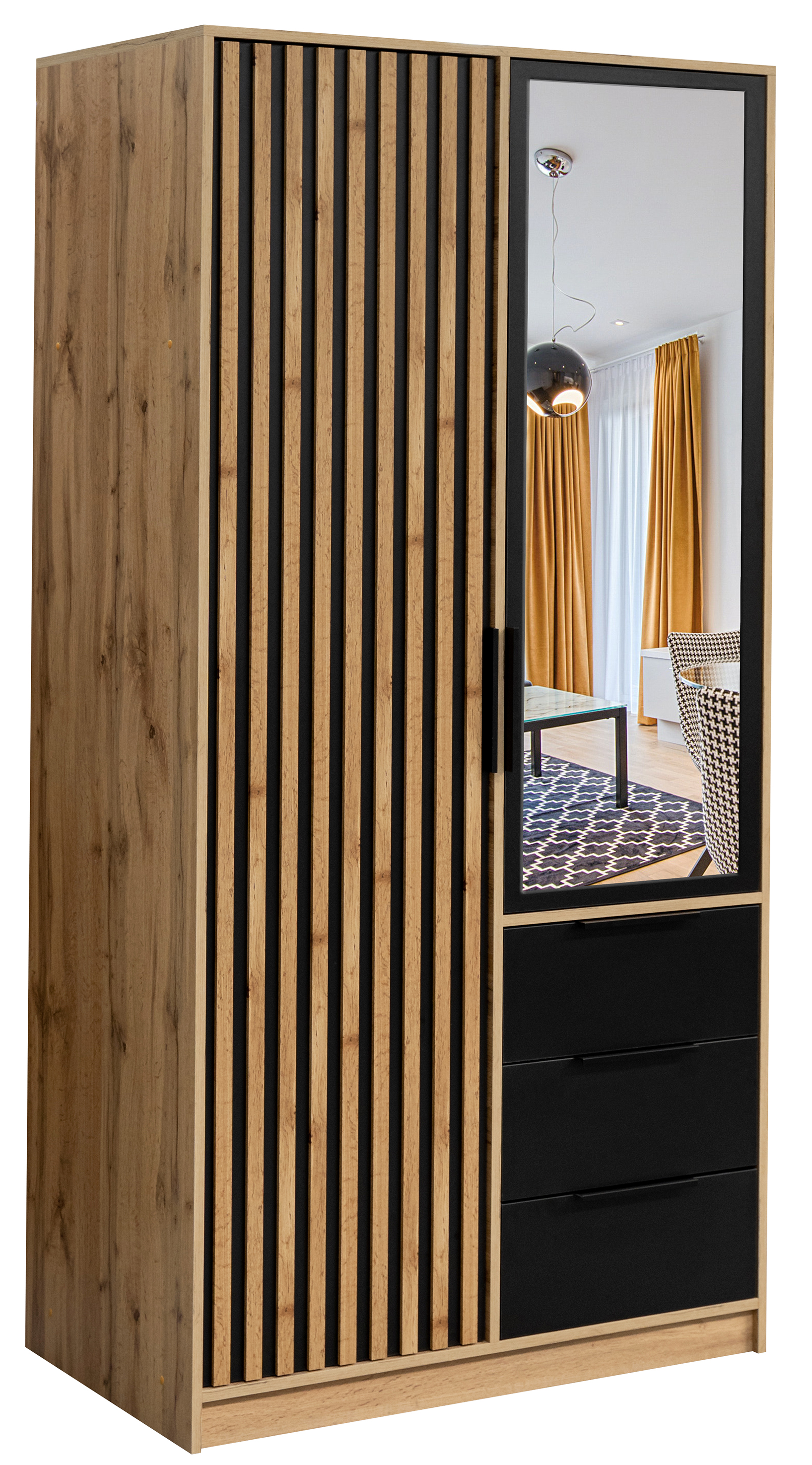 Szafa dwudrzwiowa Balie z lustrem i lamelami 100 cm dąb wotan / czarny - zdjęcie 1