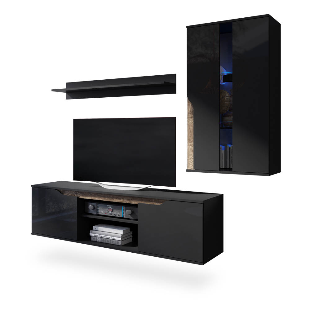 Meblościanka Promina Czarny mat / Czarny połysk / Dąb monastery  - zdjęcie 1