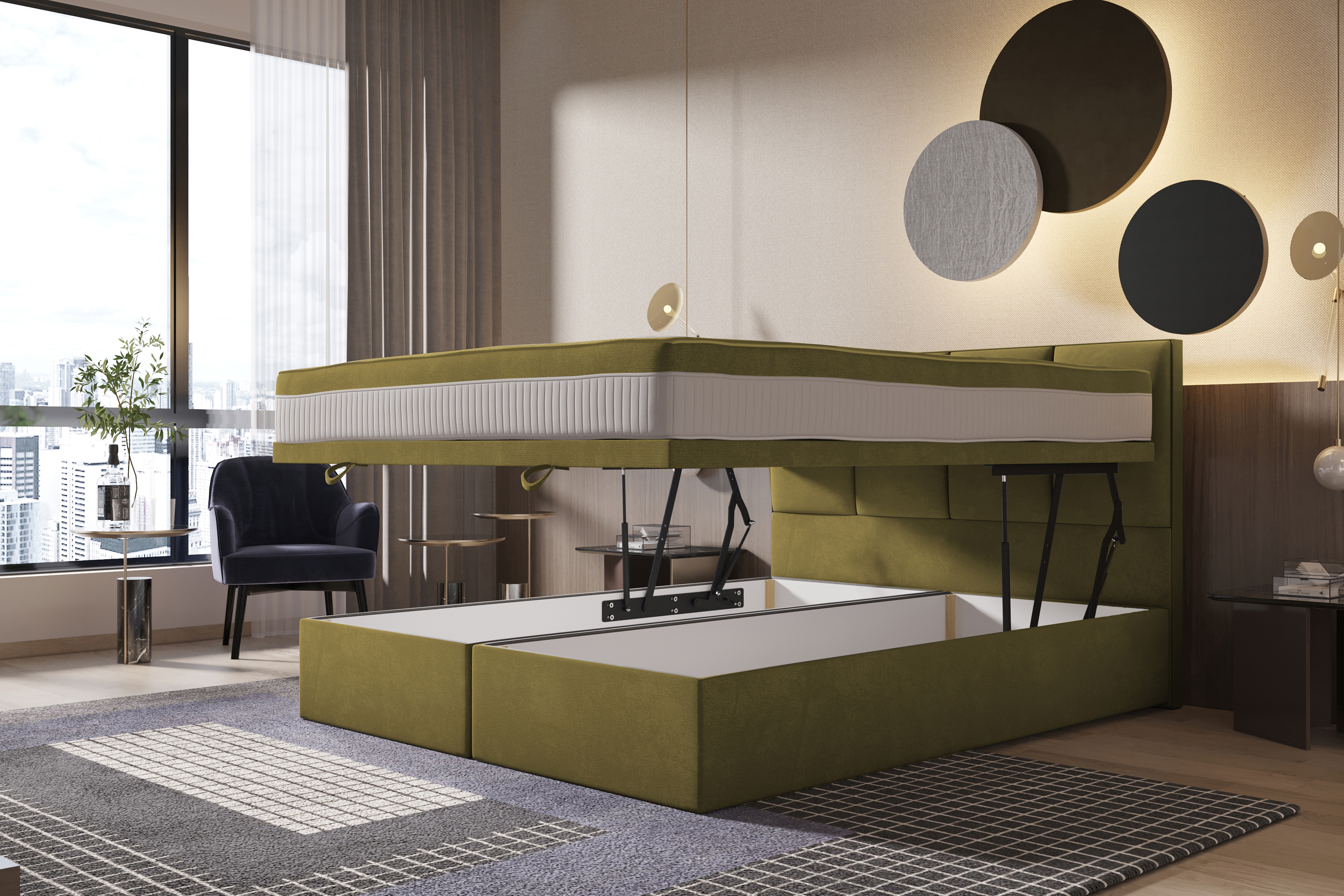 Łóżko kontynentalne 180x200 cm Mercatale z pojemnikami oliwkowy welur - zdjęcie 1