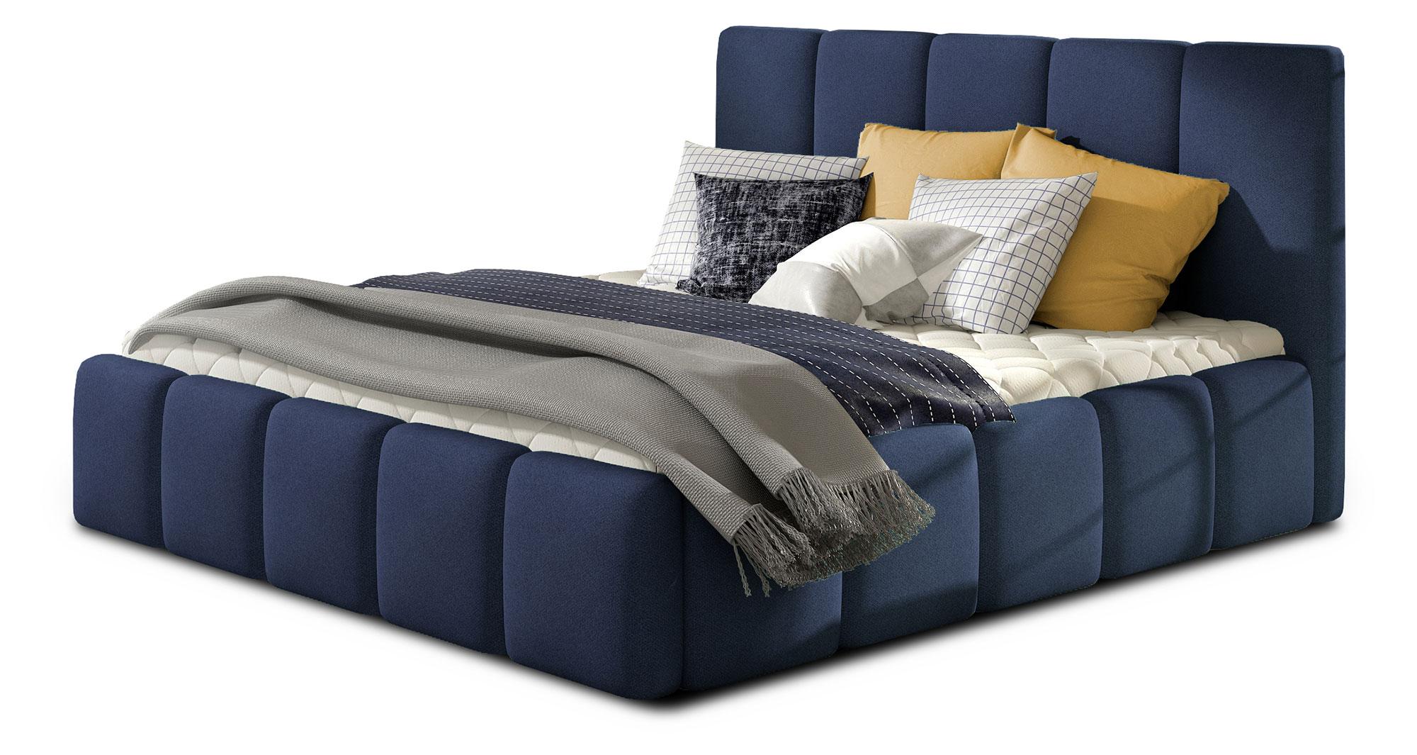 Łóżko tapicerowane Wapen 160x200 cm z pojemnikiem granatowe plecionka - zdjęcie 1