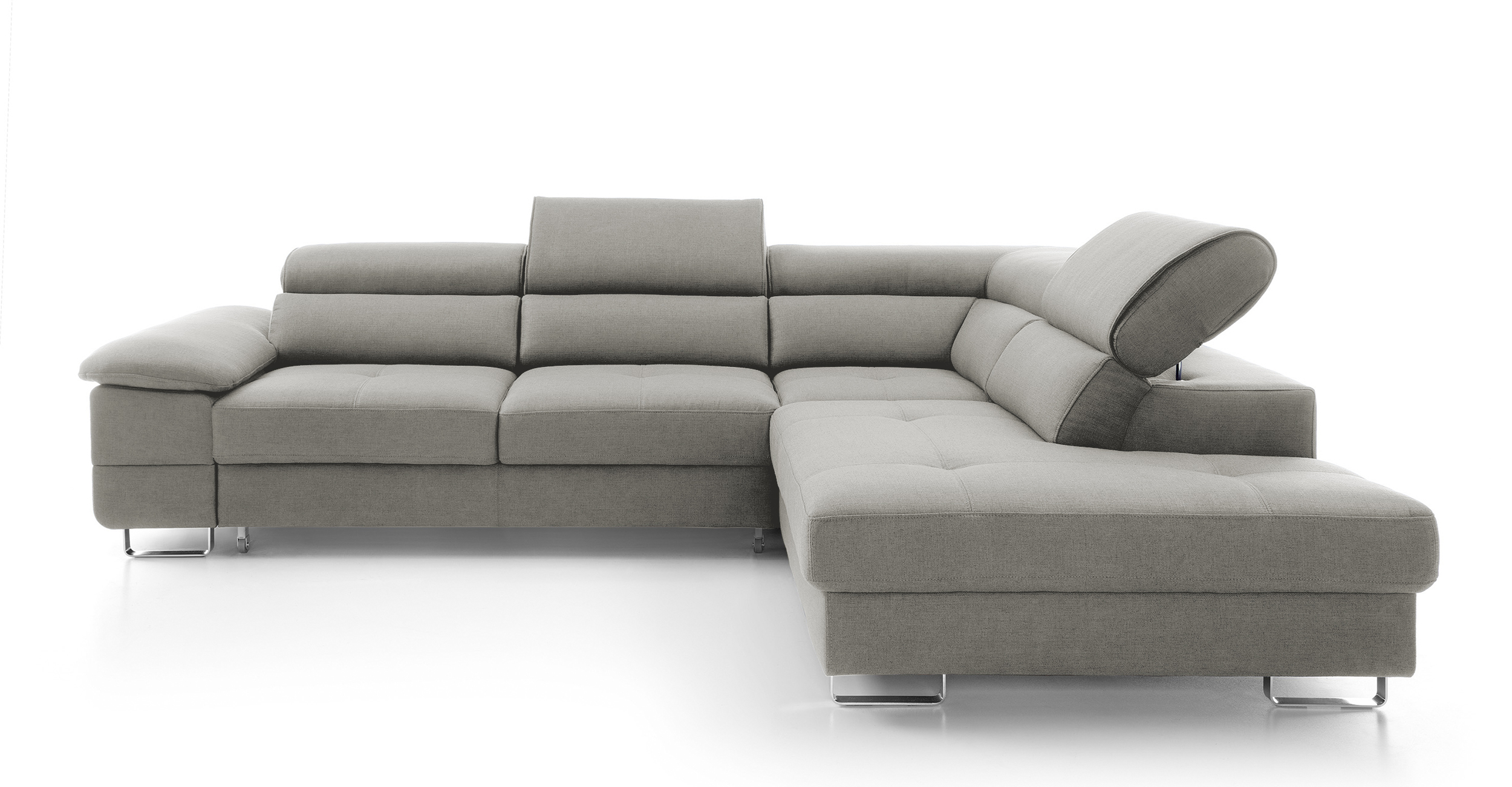 Narożnik z funkcją spania Lardos z pojemnikiem szary w tkaninie hydrofobowej plecionka lewostronny