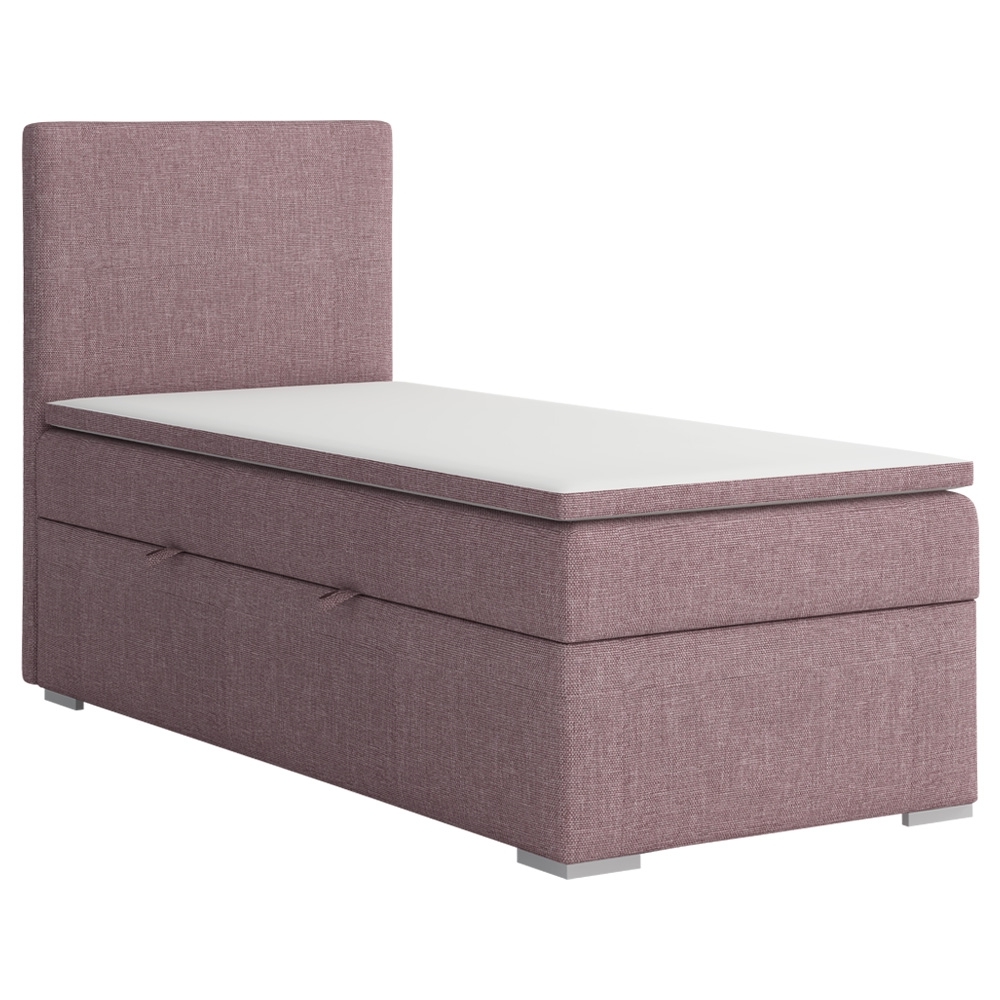 Łóżko kontynentalne jednoosobowe z pojemnikiem i topperem Mechico 90x200 cm różowe plecionka lewostronne - zdjęcie 1