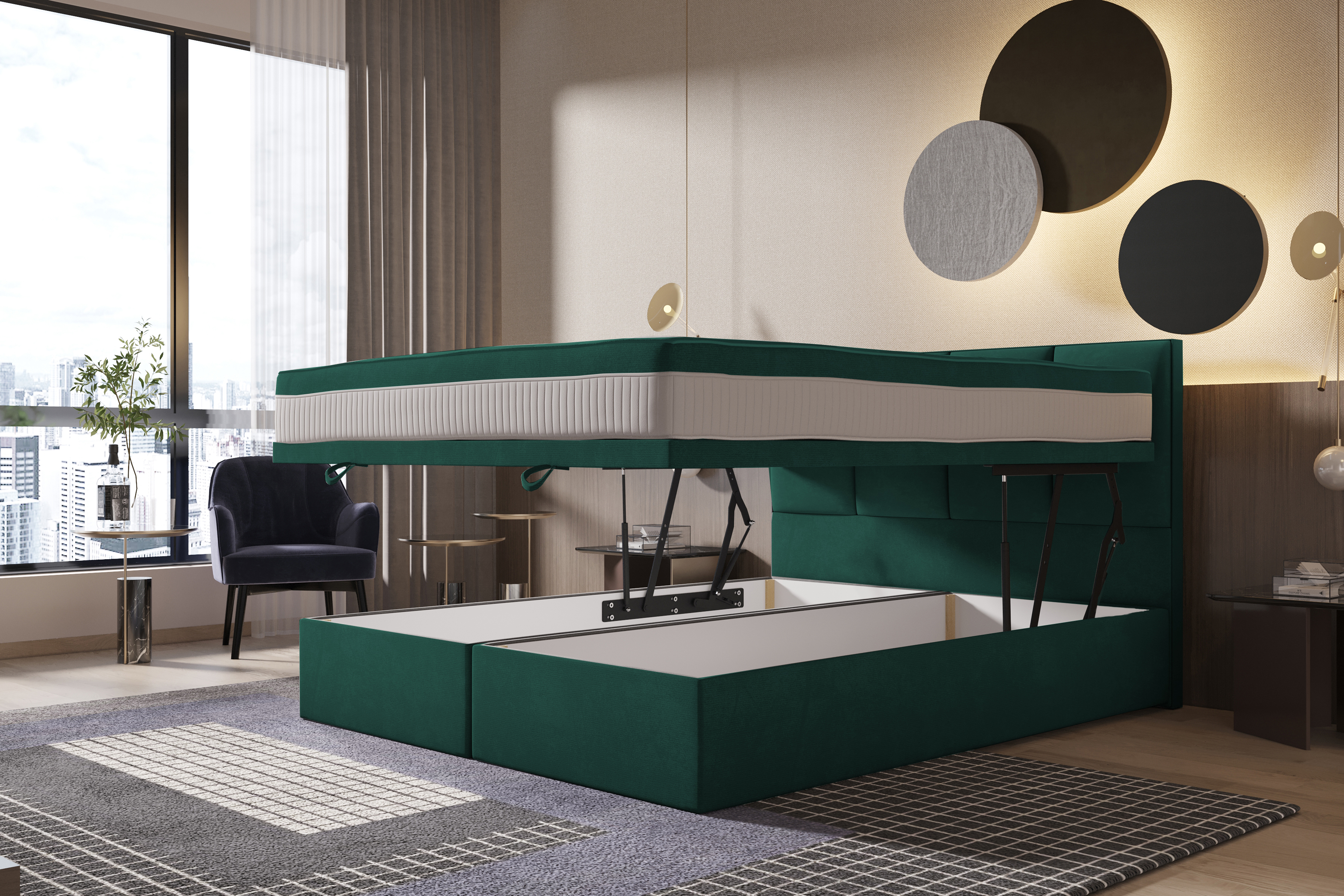 Łóżko kontynentalne 200x200 cm Mercatale z pojemnikami zielony welur