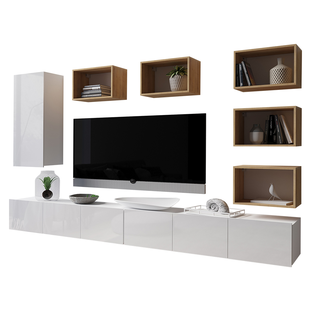 Meblościanka Kirdon z pięcioma otwartymi półkami i jedną zamkniętą Biały / Dąb złoty - zdjęcie 1