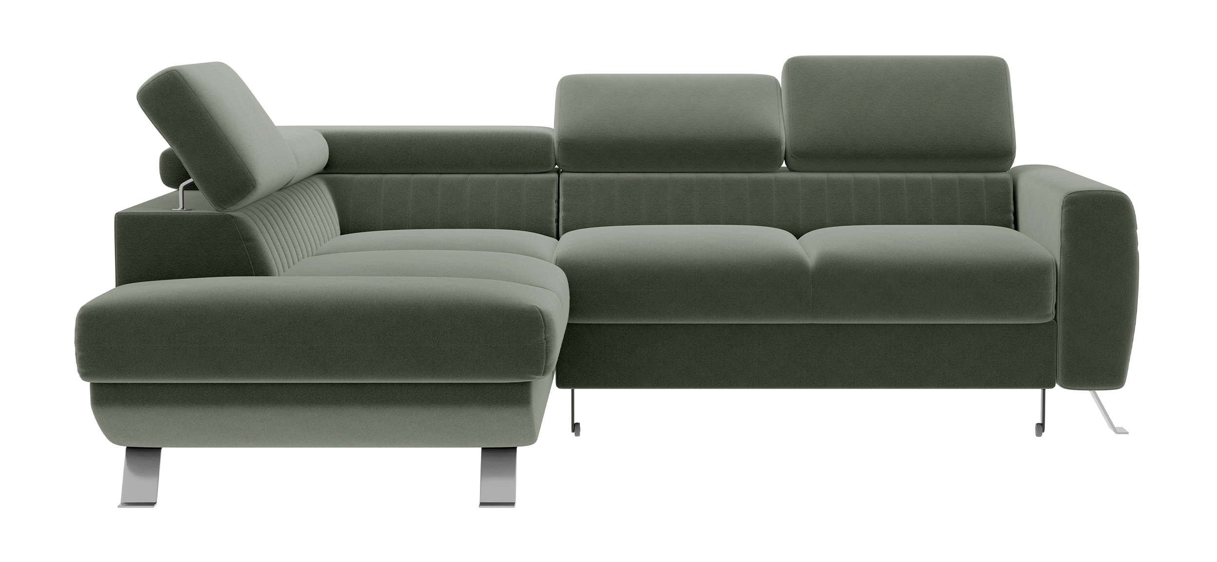 Narożnik z funkcją spania Bambito L-kształtny z pojemnikiem i regulowanymi zagłówkami oliwkowy welur hydrofobowy lewostronny - zdjęcie 1