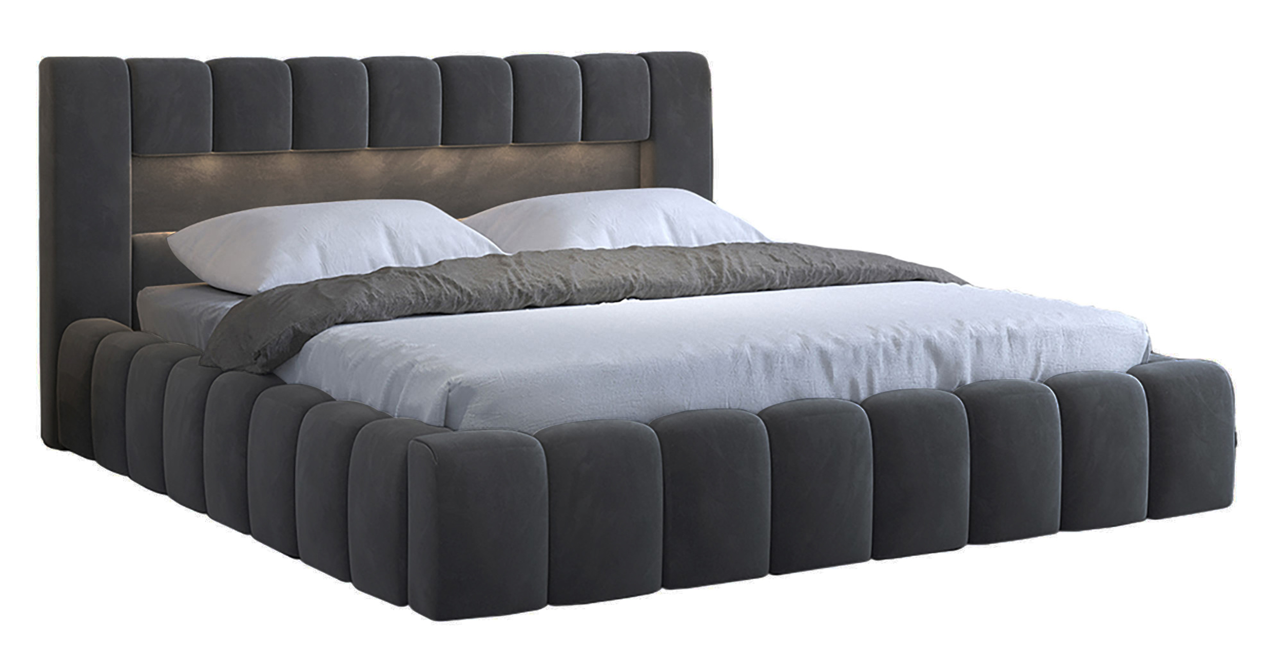 Łóżko tapicerowane 140x200 cm Rodeiro z pojemnikami i oświetleniem z metalowym stelażem ciemnoszare welwet hydrofobowy - zdjęcie 1