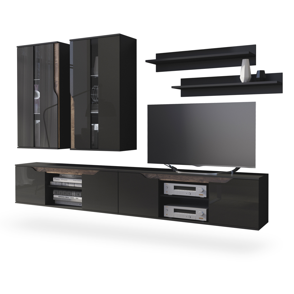 Meblościanka Promina z dwiema szafkami rtv Czarny mat / Czarny połysk / Dąb monastery - zdjęcie 1