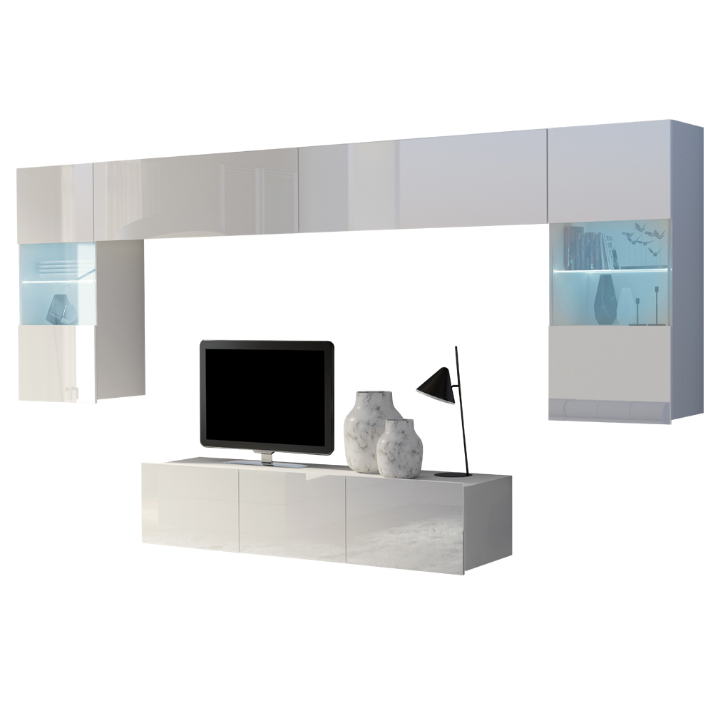 Meblościanka Kirdon z szafką RTV o szerokości 150 cm Biały mat / Biały połysk  - zdjęcie 1