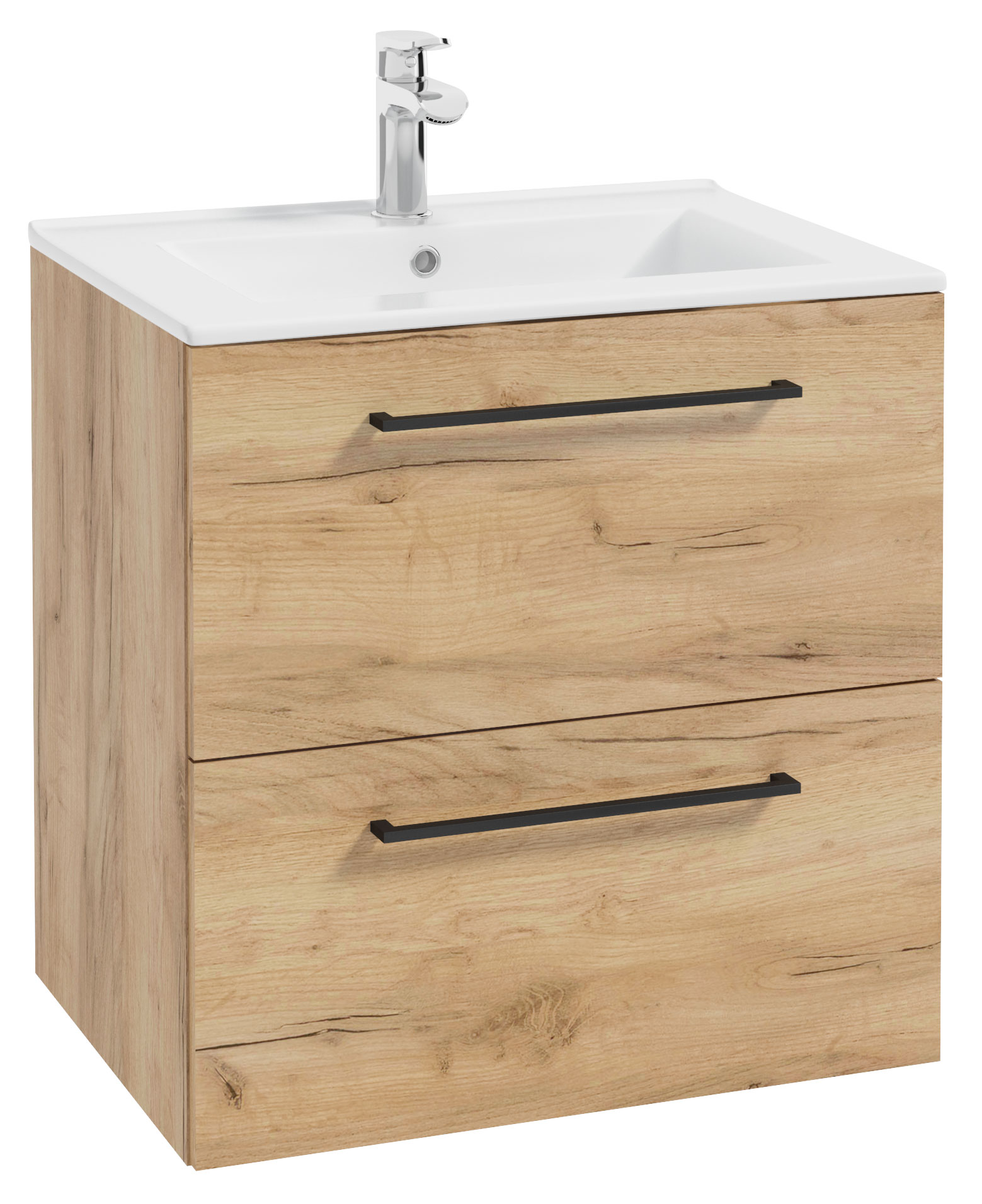 Szafka pod umywalkę Modullac 60 cm dąb craft złoty z dwiema szufladami i czarnym uchwytem - zdjęcie 1
