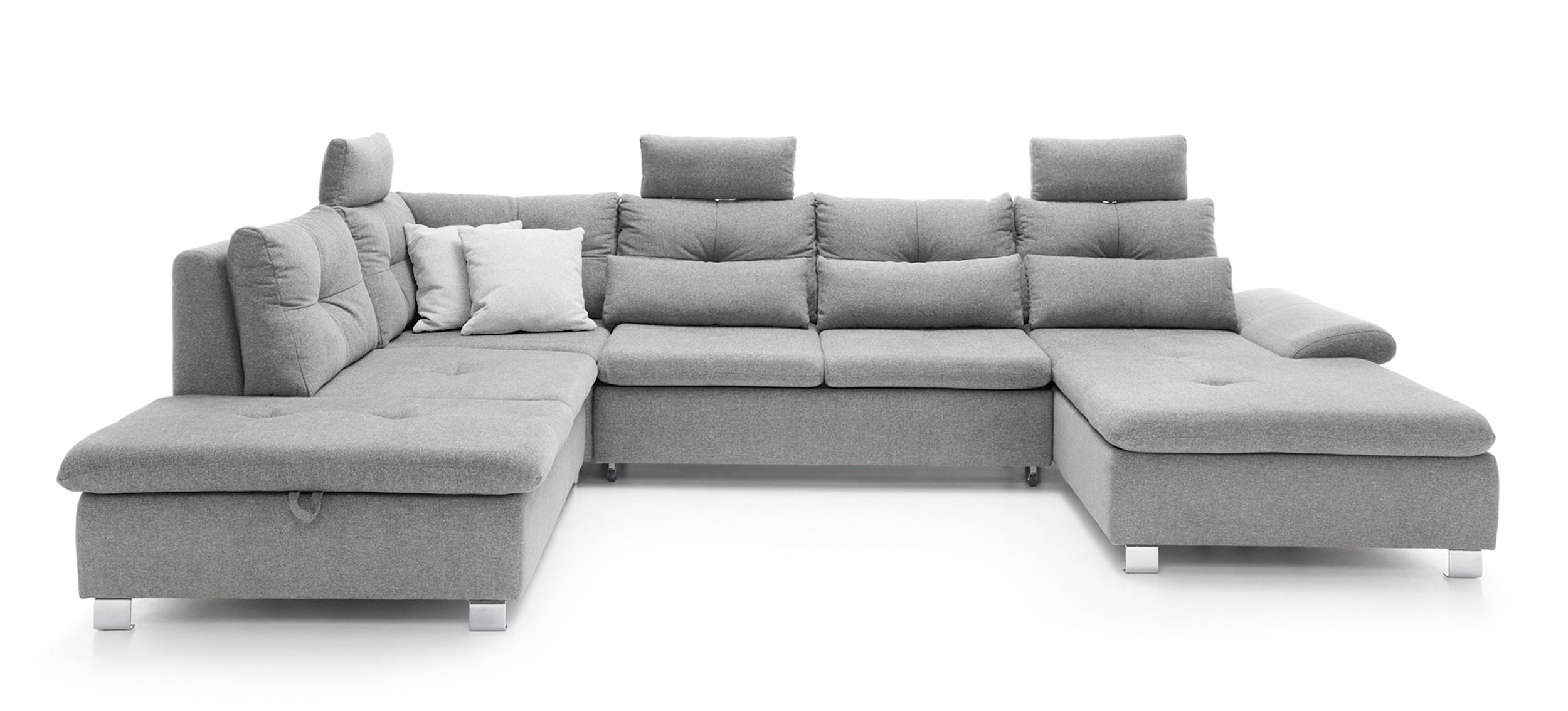 Narożnik z funkcją spania Josella U z pojemnikiem jasnoszary w tkaninie hydrofobowej plecionka prawostronny - zdjęcie 1