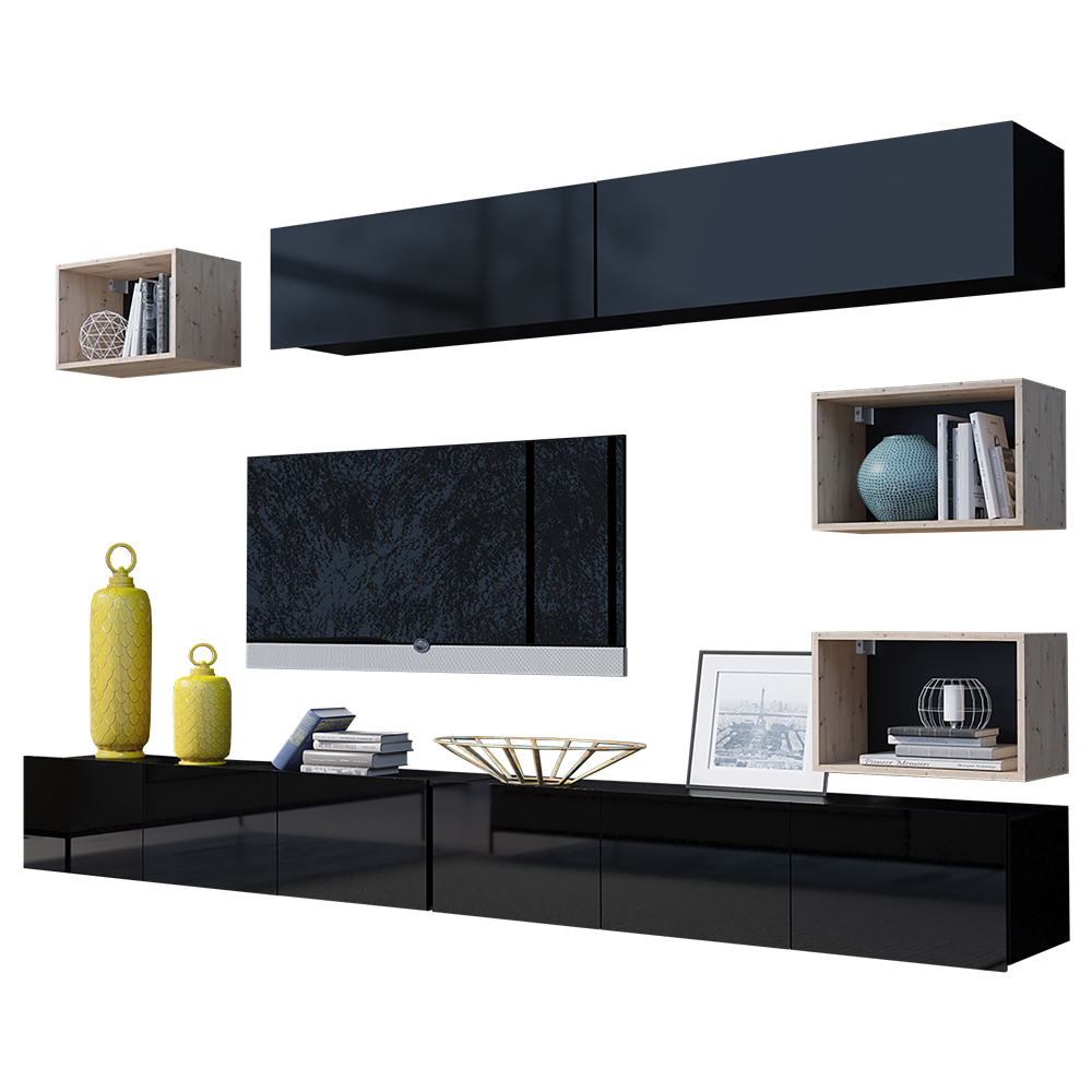 Meblościanka Kirdon duża z trzema otwartymi półkami i dwiema zamkniętymi Czarny / Dąb złoty  - zdjęcie 1