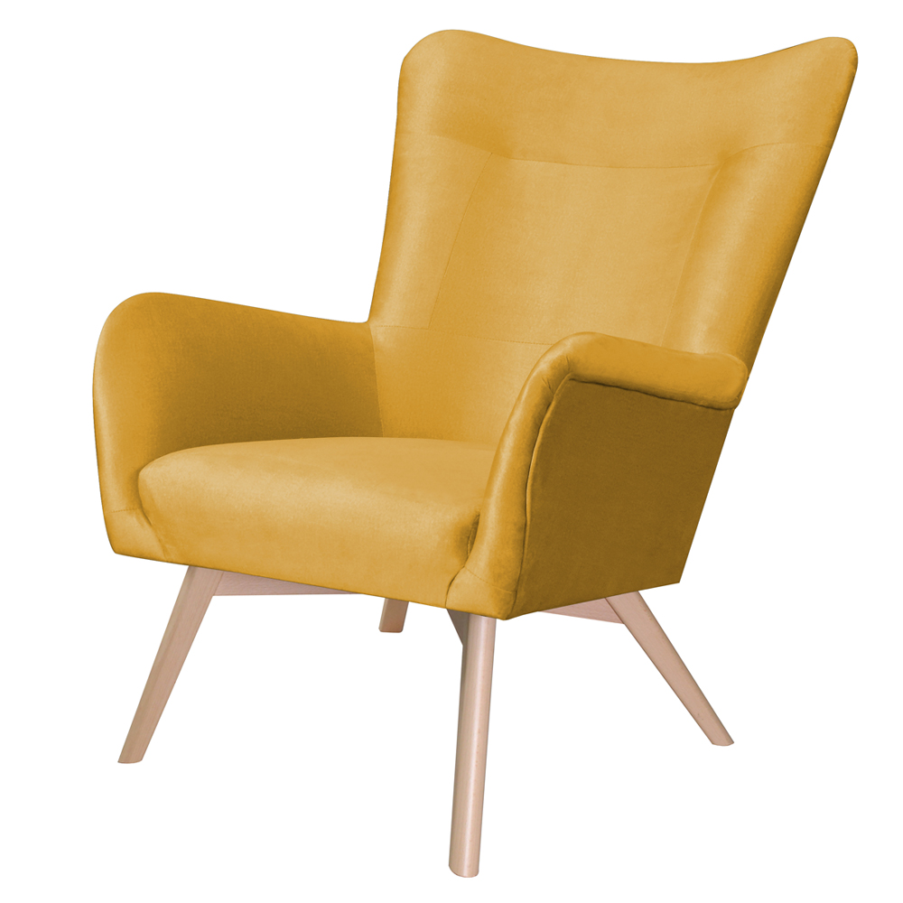 Fotel uszak Fianna w tkaninie hydrofobowej musztardowy na drewnianych nóżkach