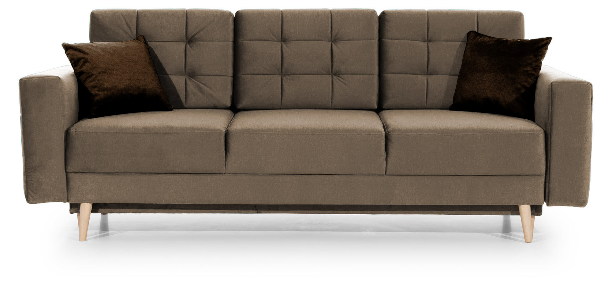 Kanapa rozkładana trzyosobowa Masime z pojemnikiem jasnobrązowa welwet hydrofobowy z ciemnobrązowymi poduszkami - zdjęcie 1