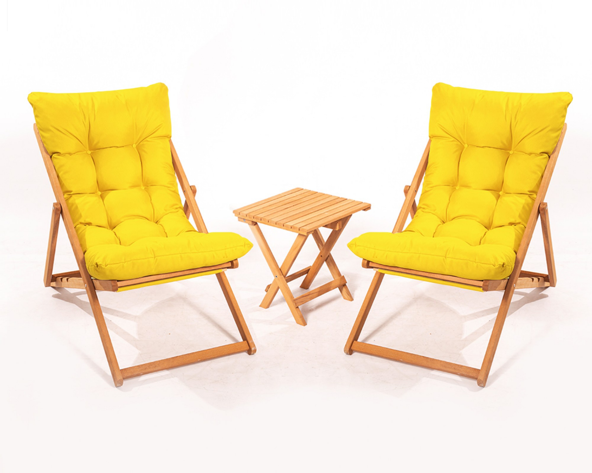 Zestaw drewnianych leżaków ogrodowych Bertive i stolika/ żółte poduchy - zdjęcie 1