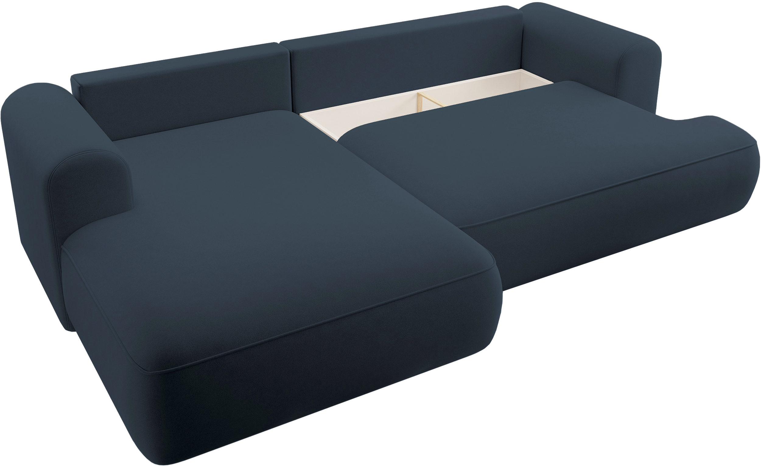 Canapé d'angle convertible Ovo en L velours bleu marine avec bac en tissu facile à nettoyer, côté gauche