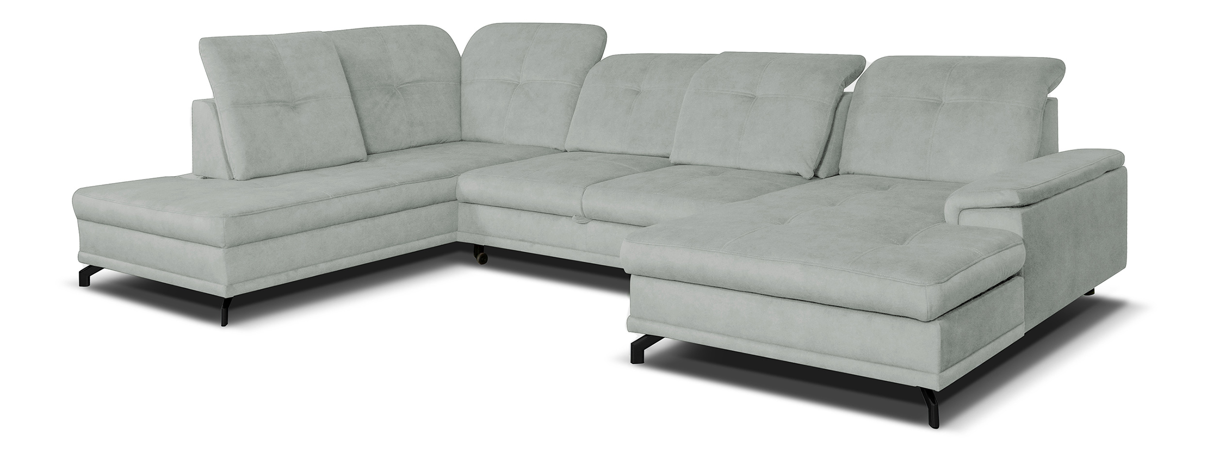 Narożnik z funkcją spania Berberati U-kształtny jasno szary nogi czarne velvet hydrofobowy z pojemnikiem prawostronny - zdjęcie 1