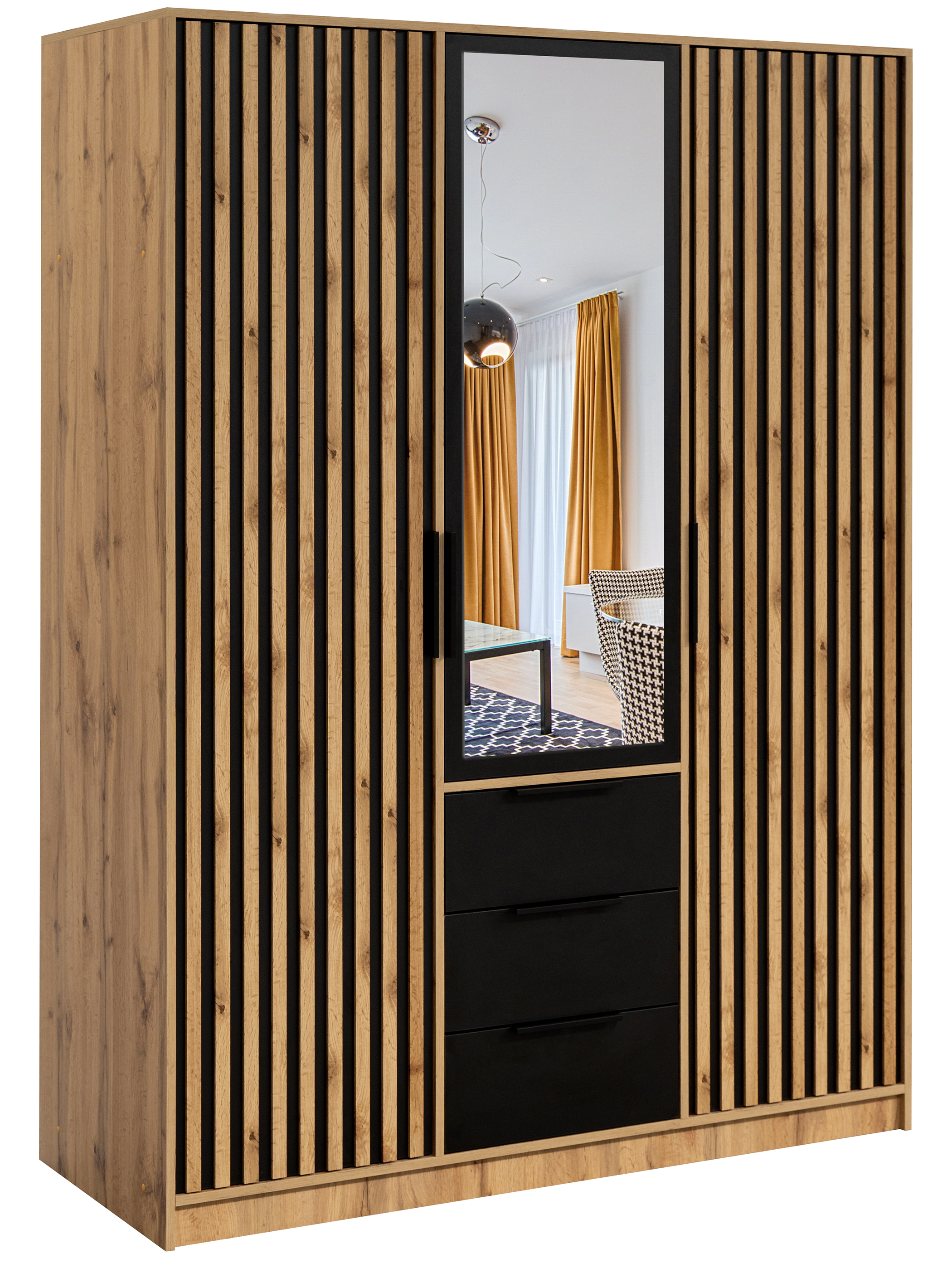 Szafa trzydrzwiowa Balie z lustrem i lamelami 150 cm dąb wotan / czarny - zdjęcie 1