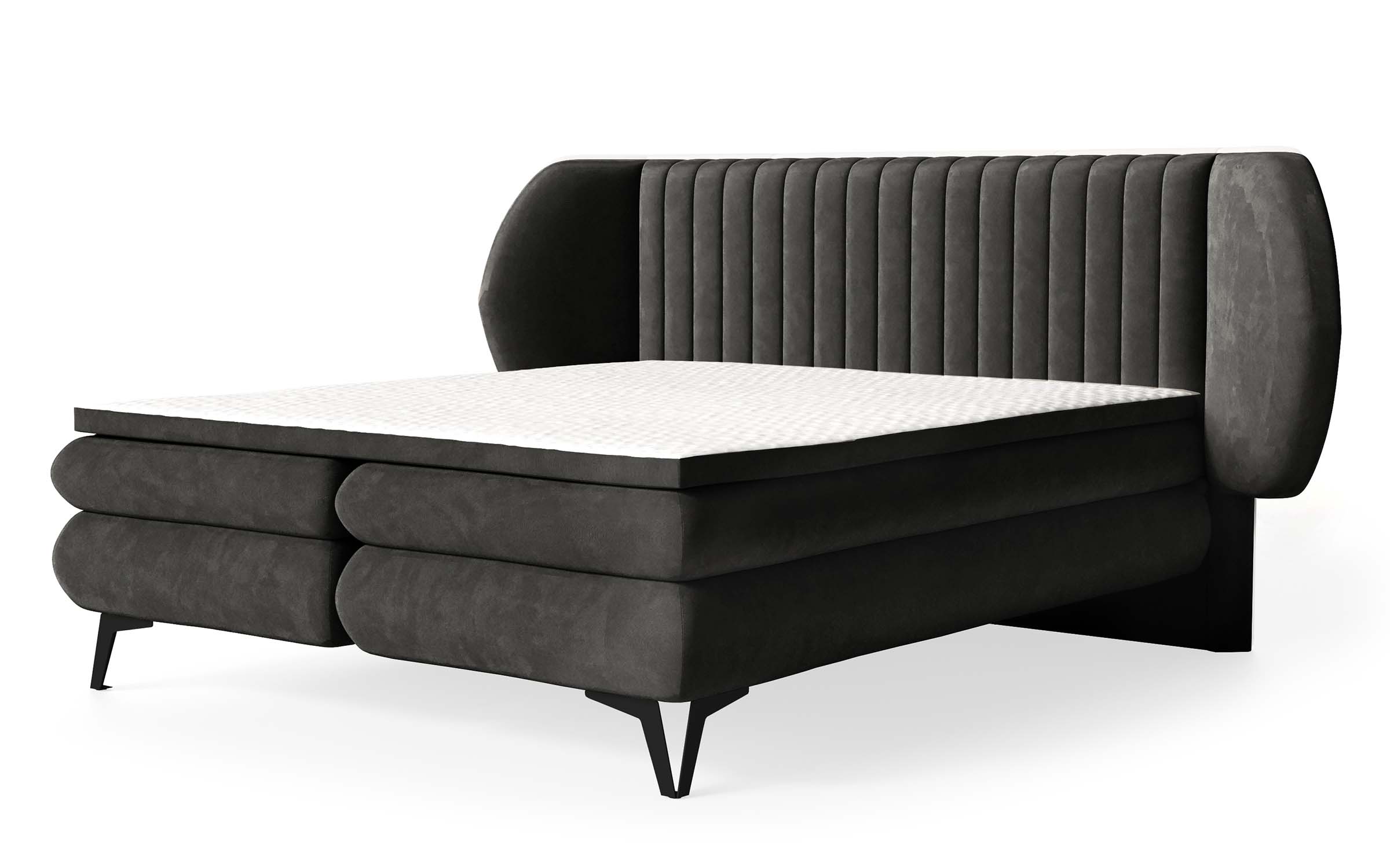 Łóżko kontynentalne 180x200 cm Cermone z pojemnikami i topperem pionowe przeszycia na wezgłowiu ciemnoszare