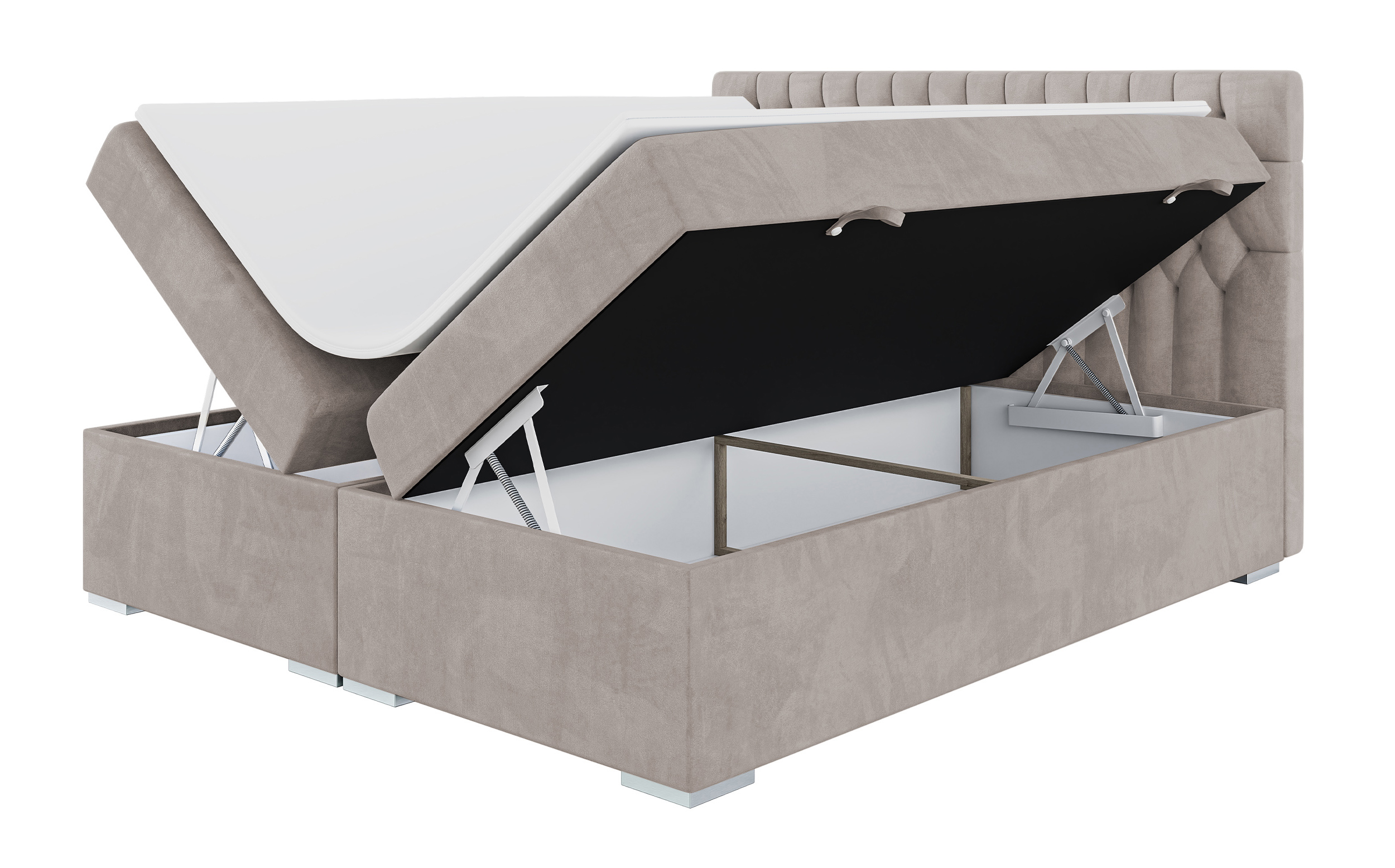 Łóżko kontynentalne 160x200 cm Persival z pojemnikami i topperem szarobeżowe welur - zdjęcie 1
