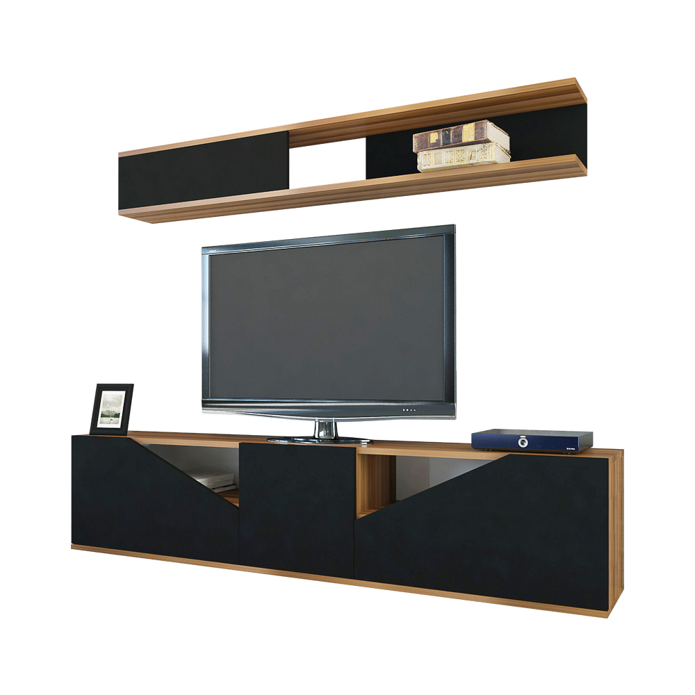 Szafka RTV Jeff z czarnymi frontami i z półką naścienną - zdjęcie 1