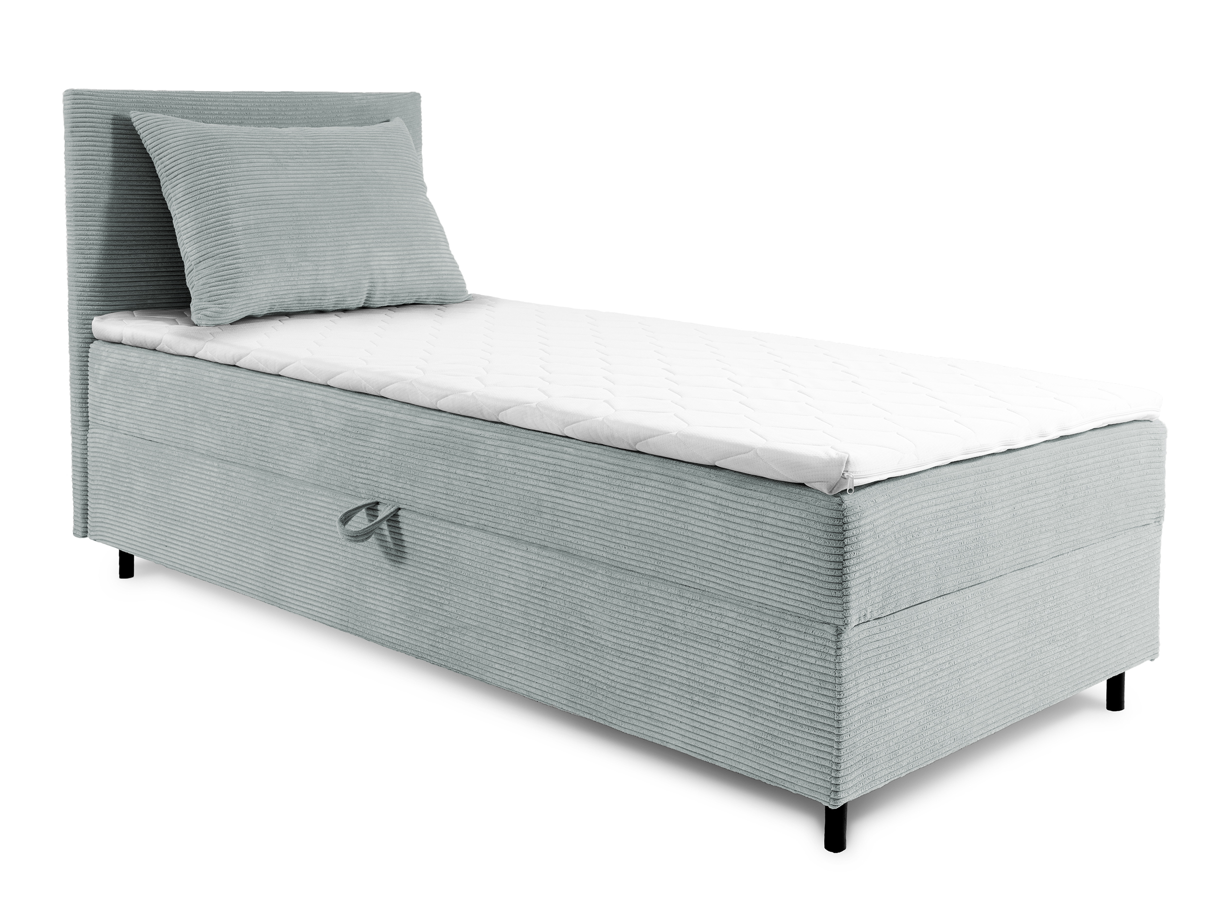 Łóżko kontynentalne jednosobowe Montigo Mini 70x200 cm z pojemnikiem, topperem i poduszką jasnoszare sztruks nogi czarne lewostronne - zdjęcie 1