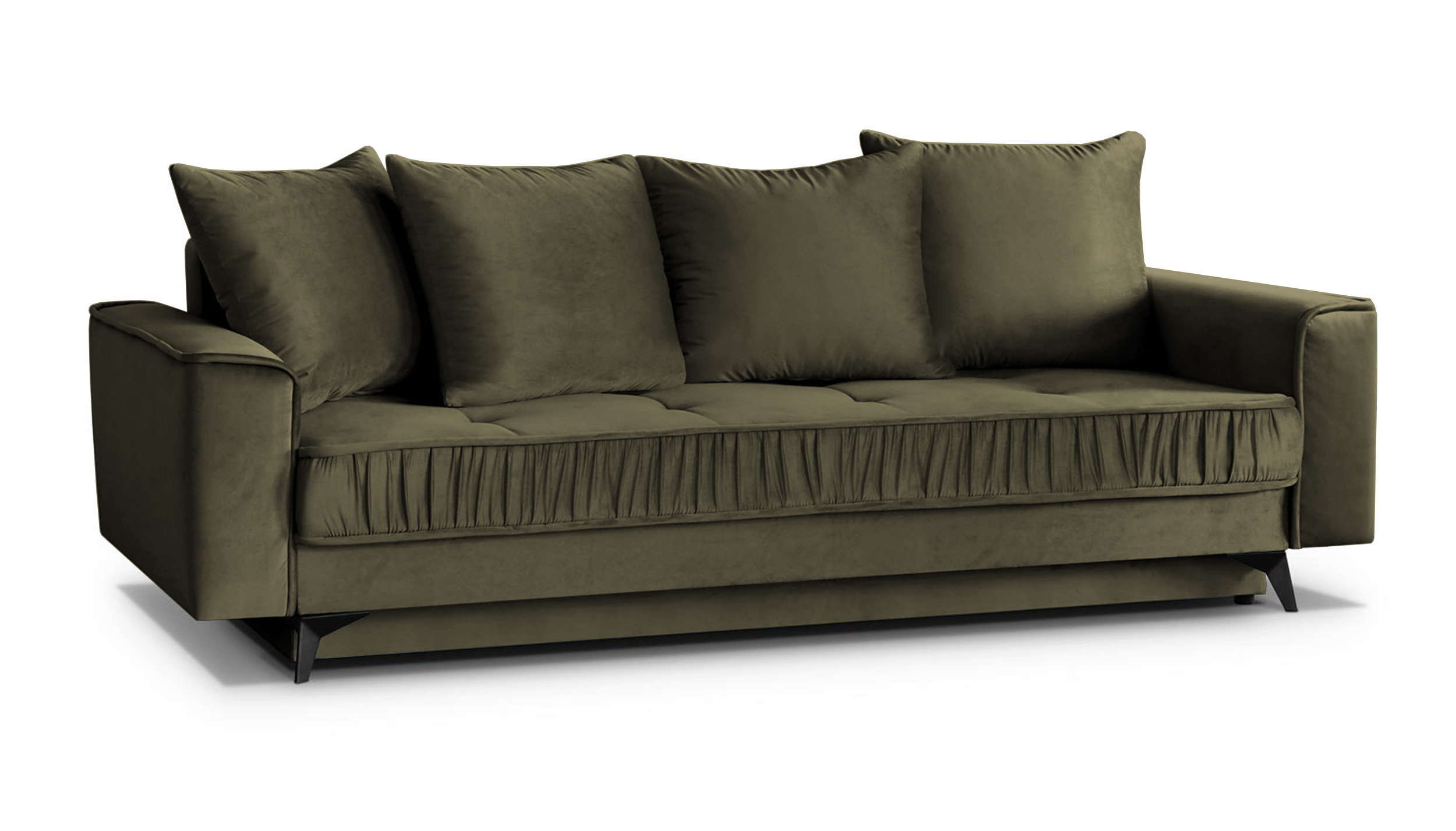 Kanapa rozkładana Elanja oliwkowa trzyosobowa z pojemnikiem welur - zdjęcie 1