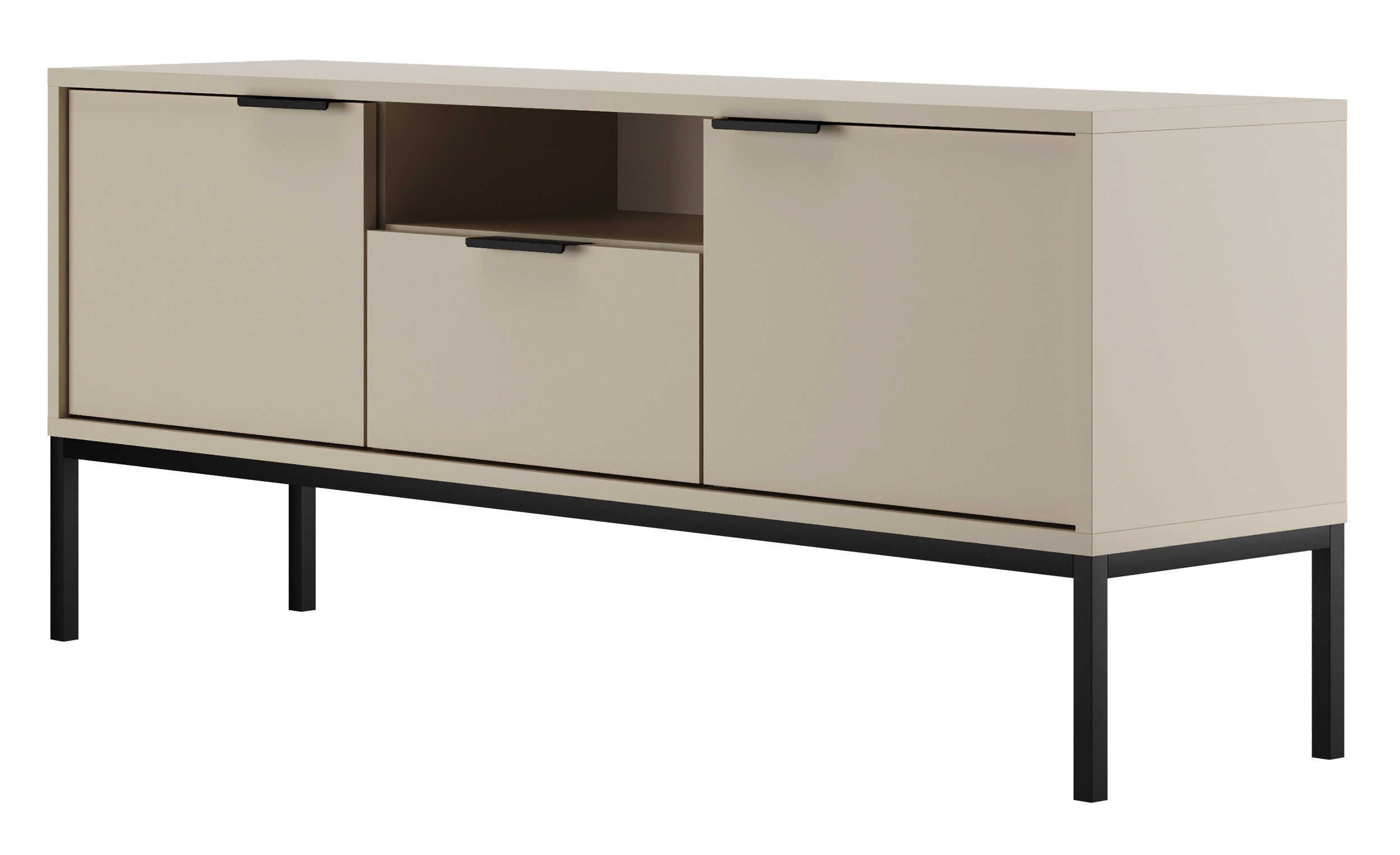 Szafka RTV dwudrzwiowa Diargo 135 cm z szufladą i wnęką szarobeżowa na czarnym stelażu - zdjęcie 1