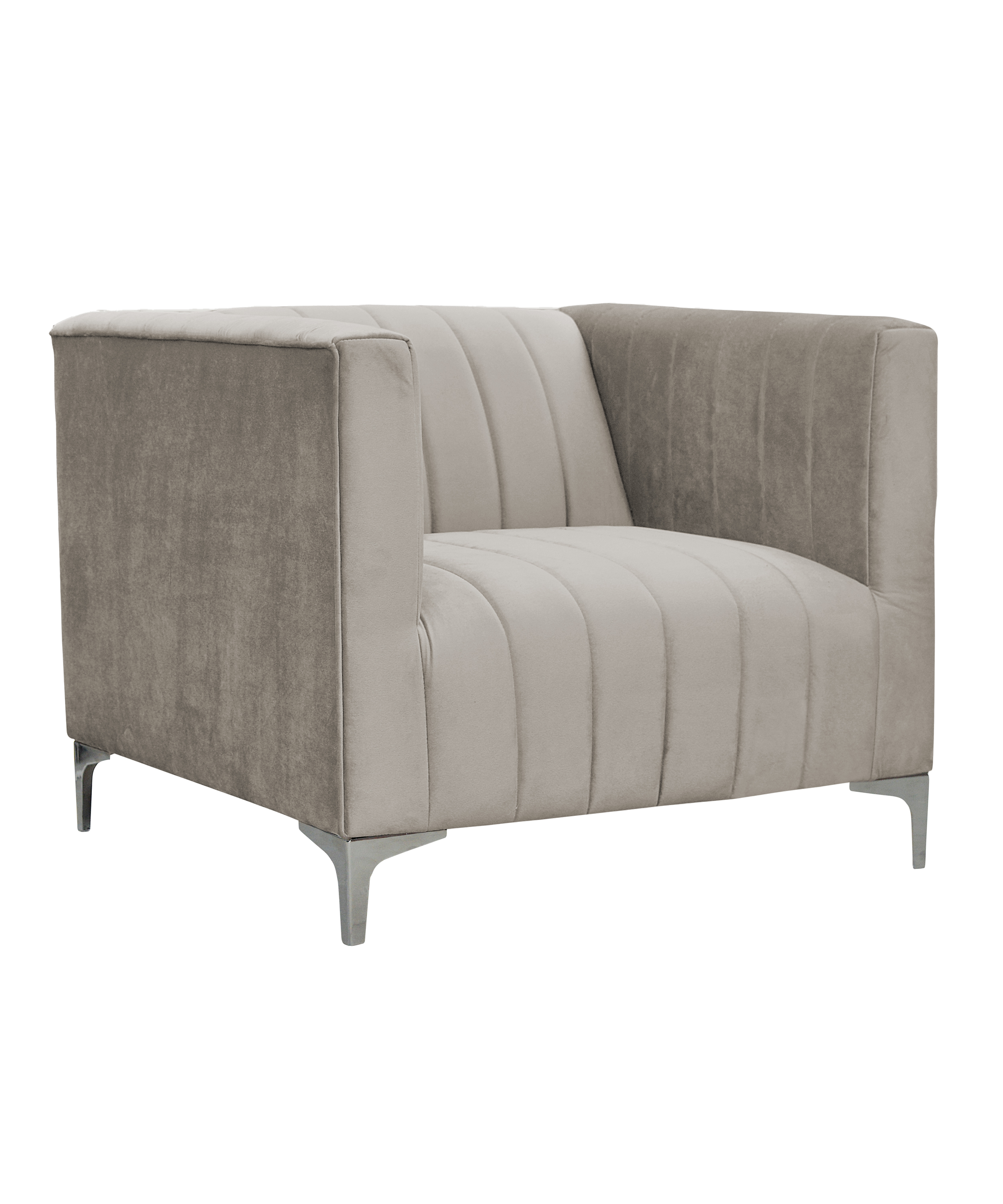 Fotel Paramaribo szarobeżowy welur srebrnych nóżkach