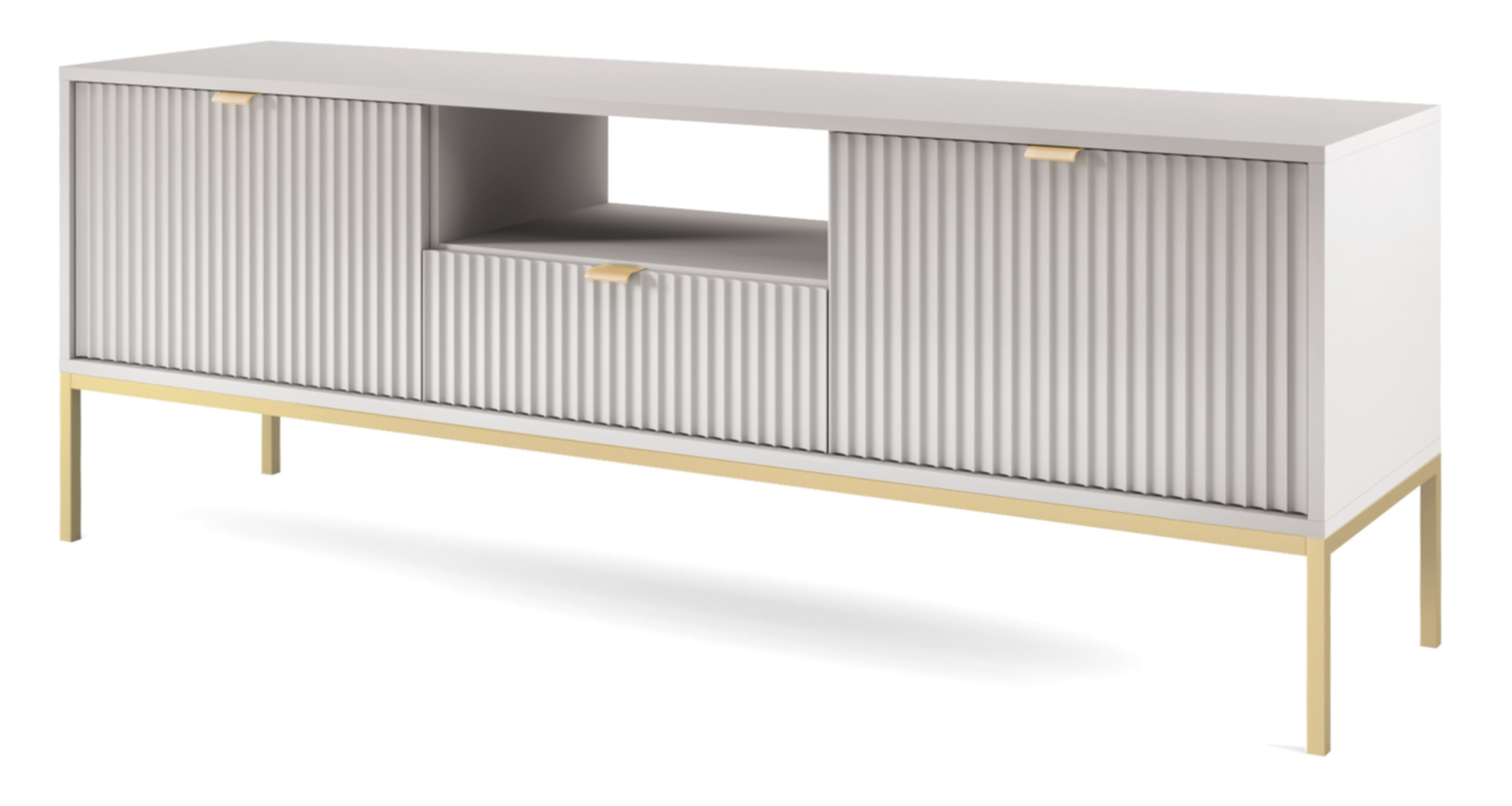 Szafka RTV Vellore 154 cm szara z ryflowanymi frontami i złotym stelażem - zdjęcie 1