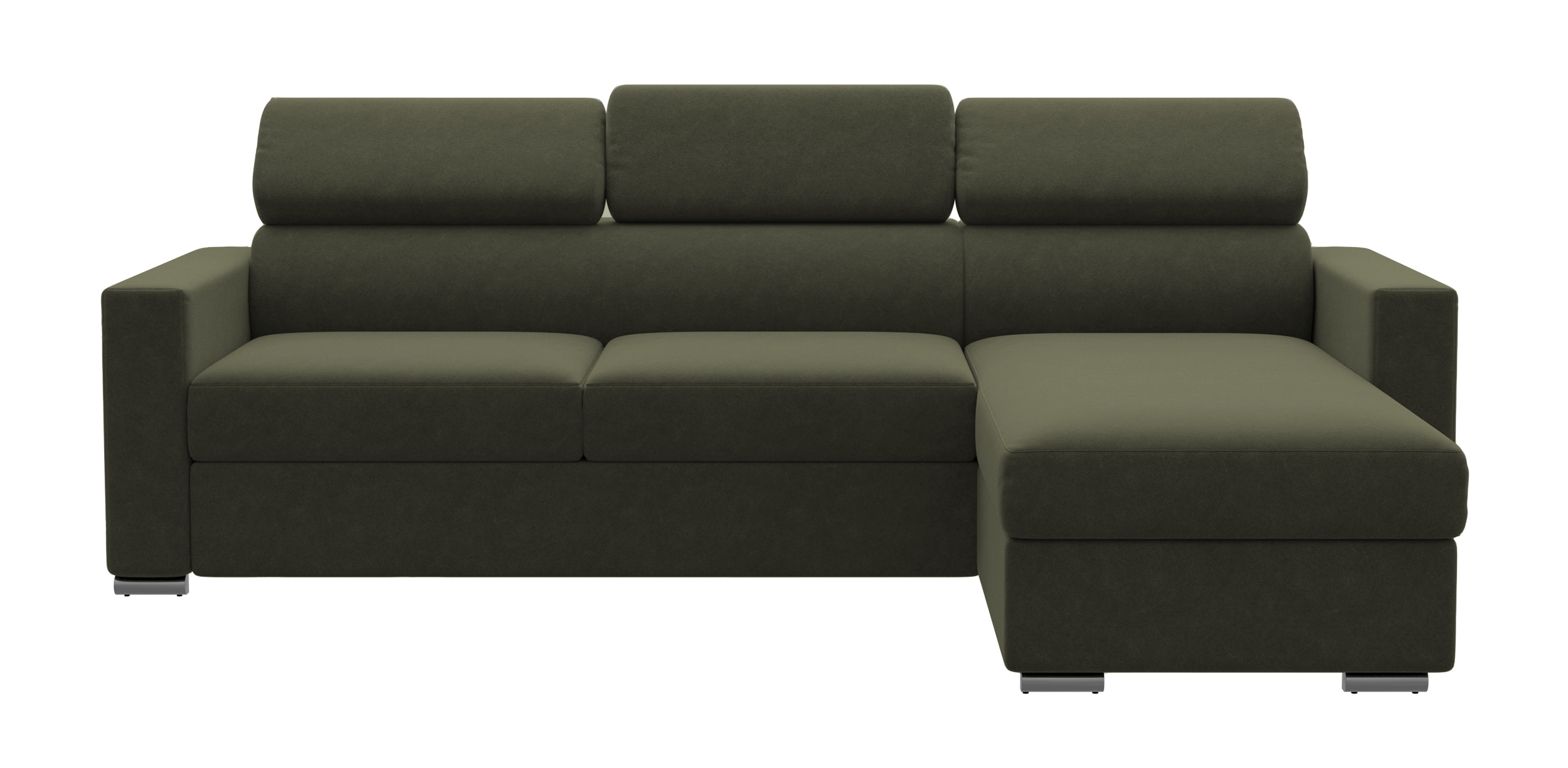 Narożnik z funkcją spania Veraguas L-kształtny z pojemnikiem i regulowanymi zagłówkami uniwersalny oliwkowy w tkaninie łatwoczyszczącej - zdjęcie 1