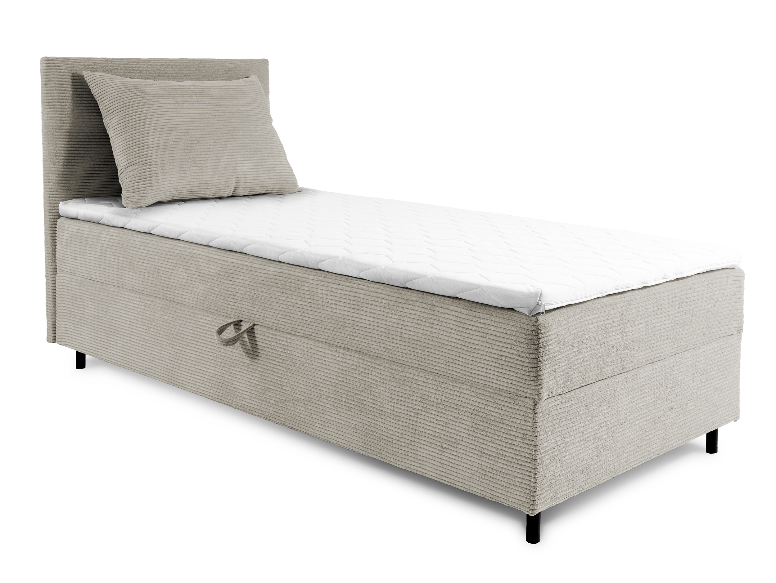 Łóżko kontynentalne jednosobowe Montigo Mini 100x200 cm z pojemnikiem, topperem i poduszką beżowe sztruks nogi czarne lewostronne - zdjęcie 1