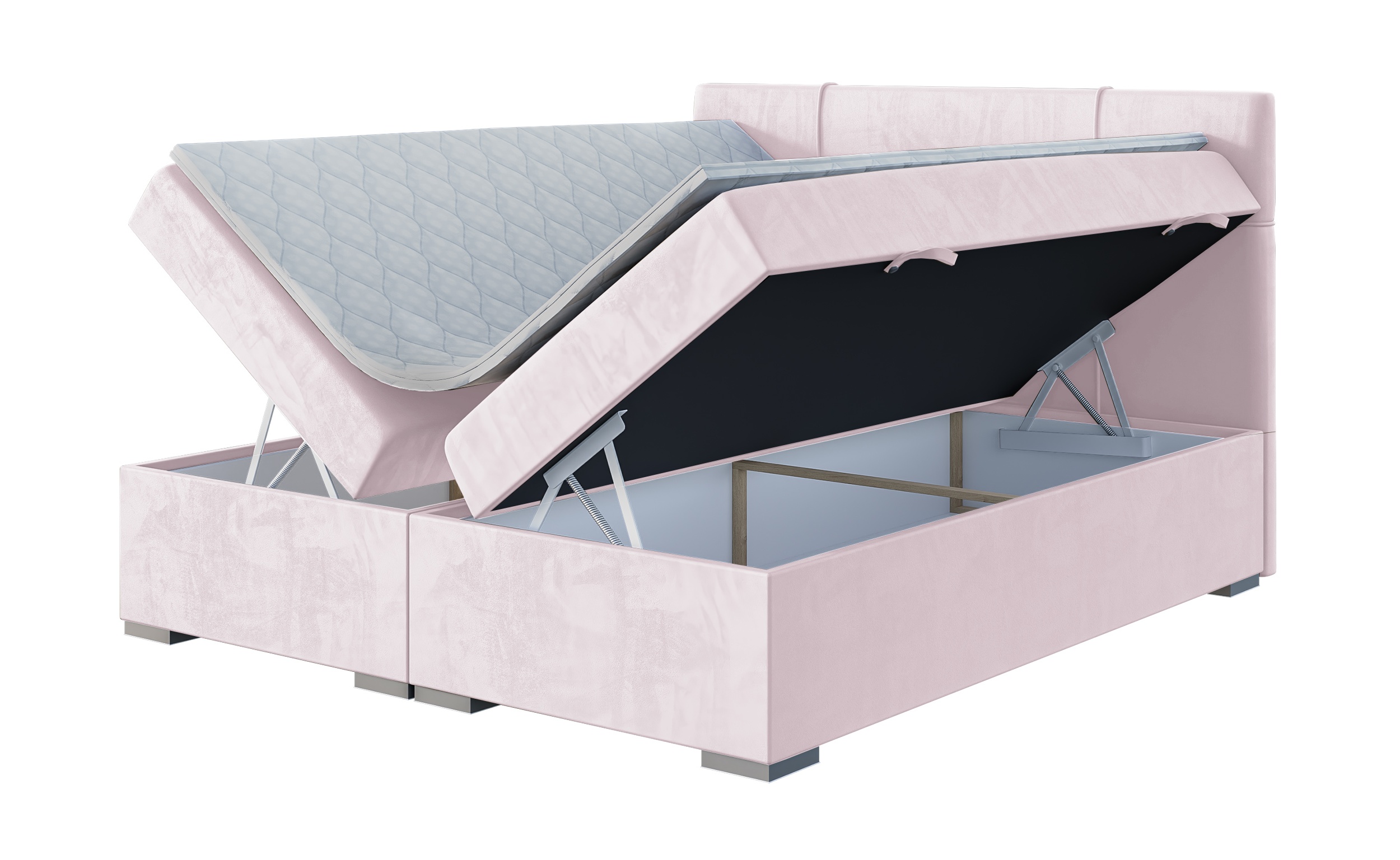 Łóżko kontynentalne 180x200 cm Agnone z pojemnikami i topperem pudrowy róż welur hydrofobowy