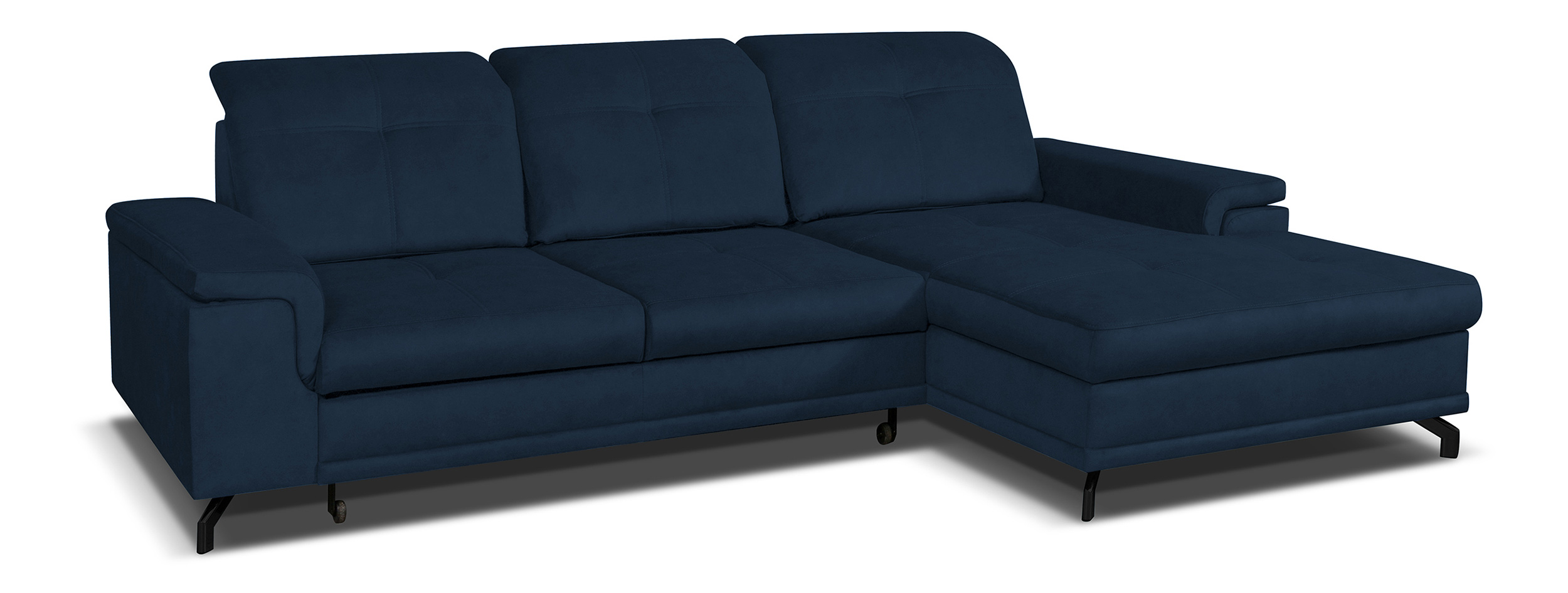 Narożnik z funkcją spania Berberati L-kształtny granatowy nogi czarne z pojemnikiem velvet hydrofobowy prawostronny