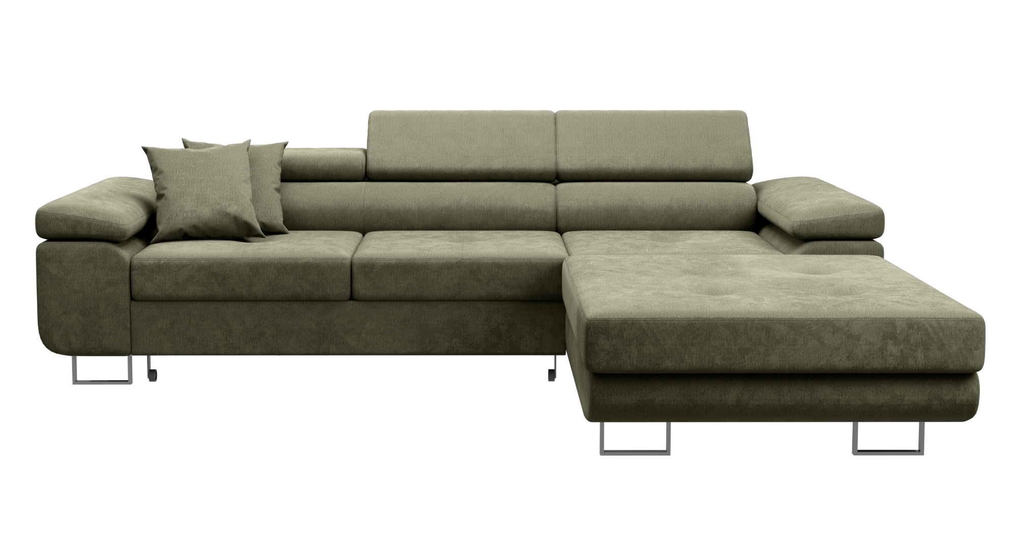 Narożnik z funkcją spania Ganta L-kształtny z pojemnikiem oliwkowy w tkaninie hydrofobowej prawostronny