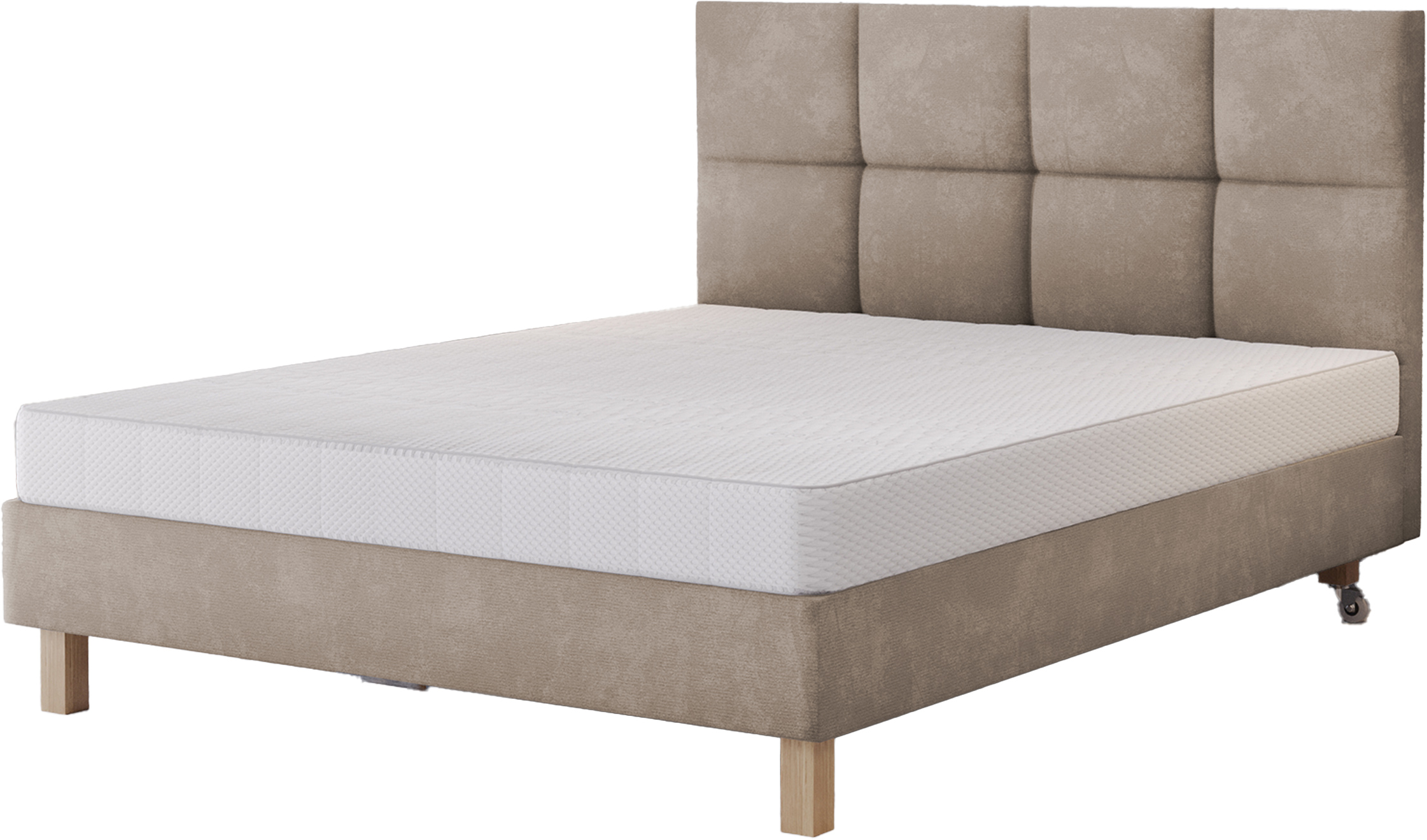 Łóżko tapicerowane 160x200 cm  Donbay z wezglowiem panelowym i materacem kieszeniowym szarobeżowe welur hydrofobowy - zdjęcie 1