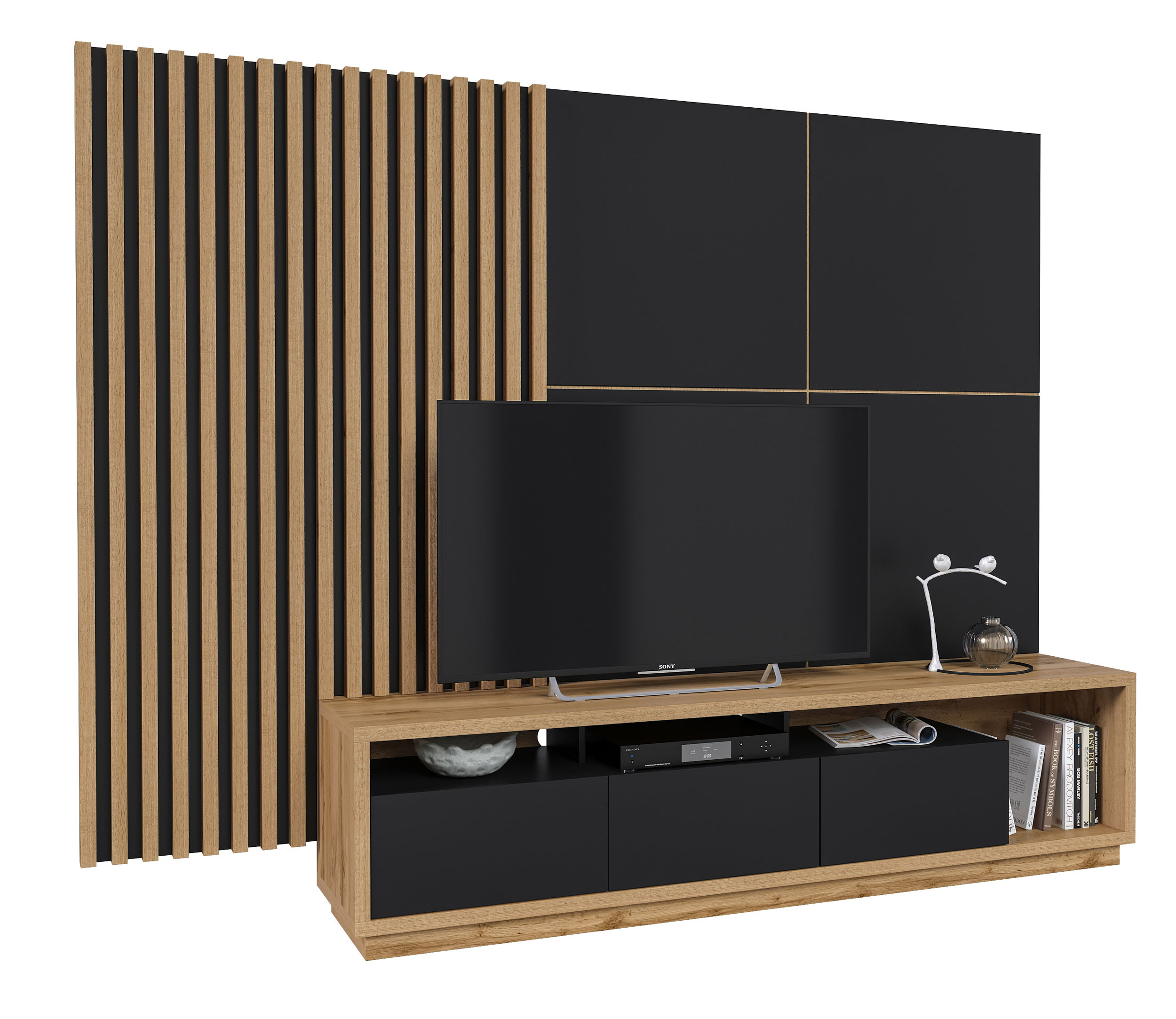 Szafka RTV Timellin 200 cm dąb wotan/czarna z szerokim panelem ściennym lamelowym - zdjęcie 1