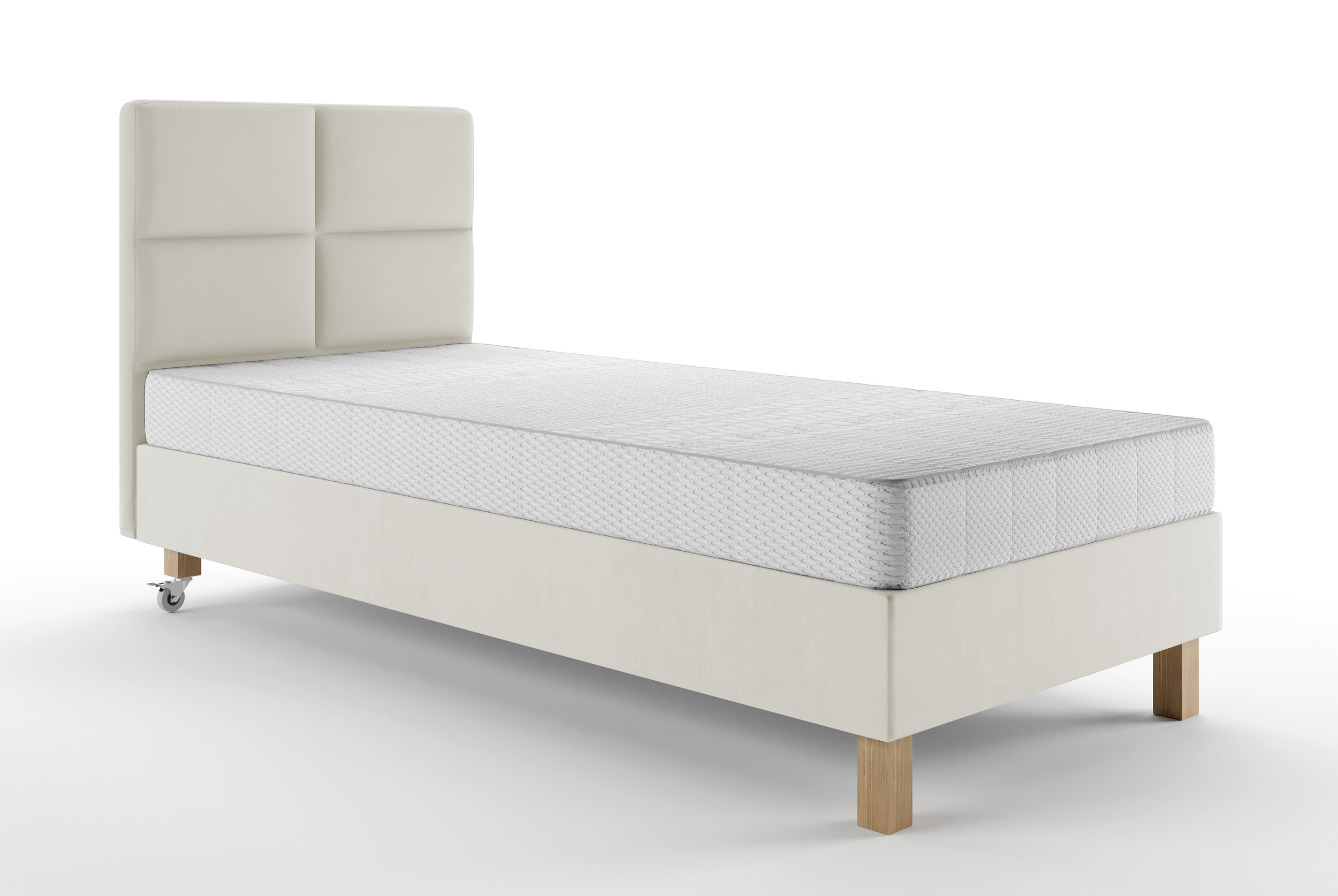 Łóżko tapicerowane 80x200 cm Donbay z wezglowiem panelowym i materacem kieszeniowym kremowe welur hydrofobowy - zdjęcie 1