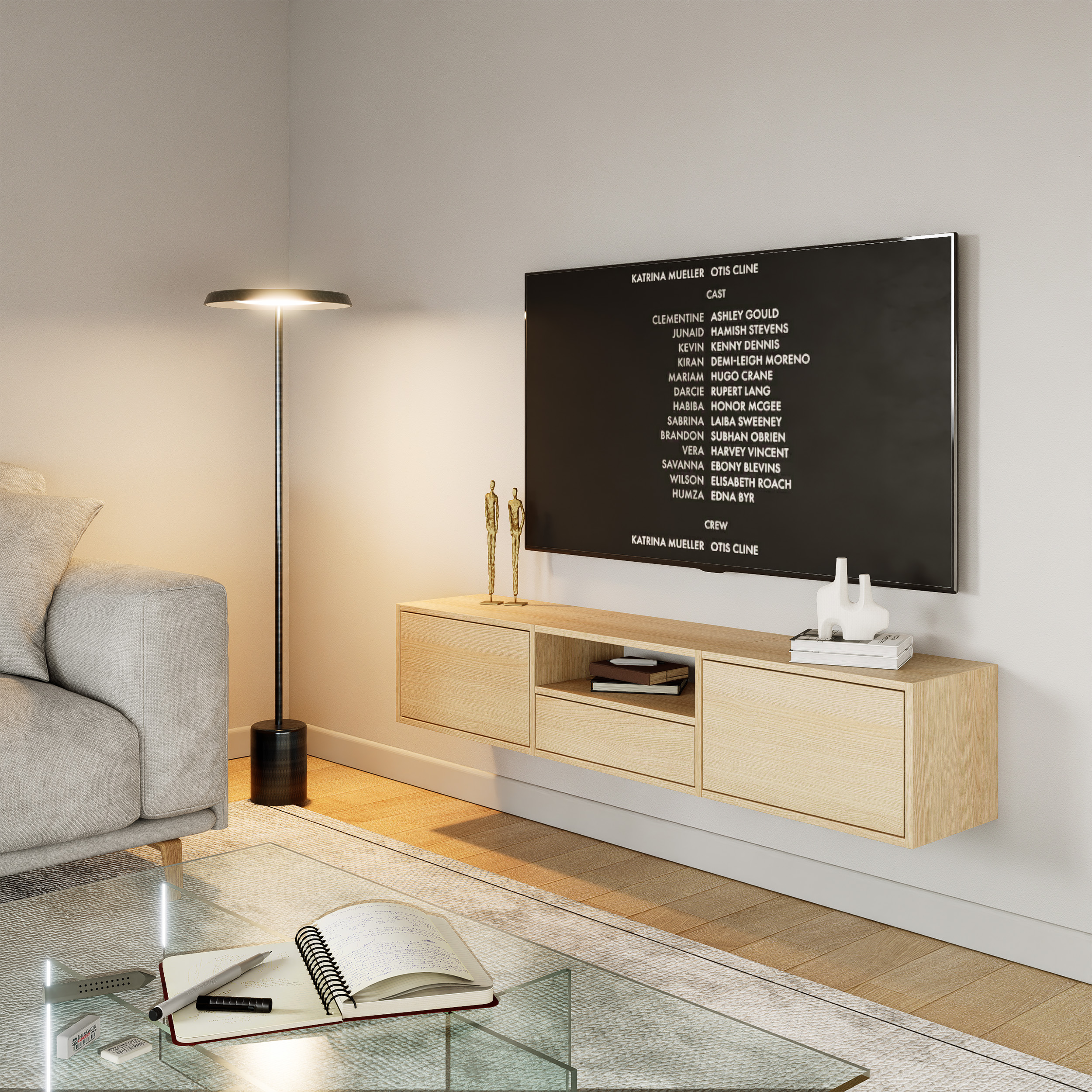 Szafka RTV Framme wisząca z trzema klapami i wnęką 150 cm dąb lindberg