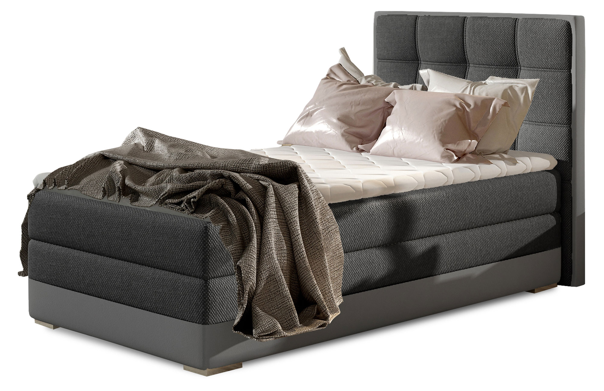 Łóżko kontynentalne Yassan 90x200 cm jednoosobowe z pojemnikiem ciemnoszare / szare plecionka / ekoskóra lewostronne