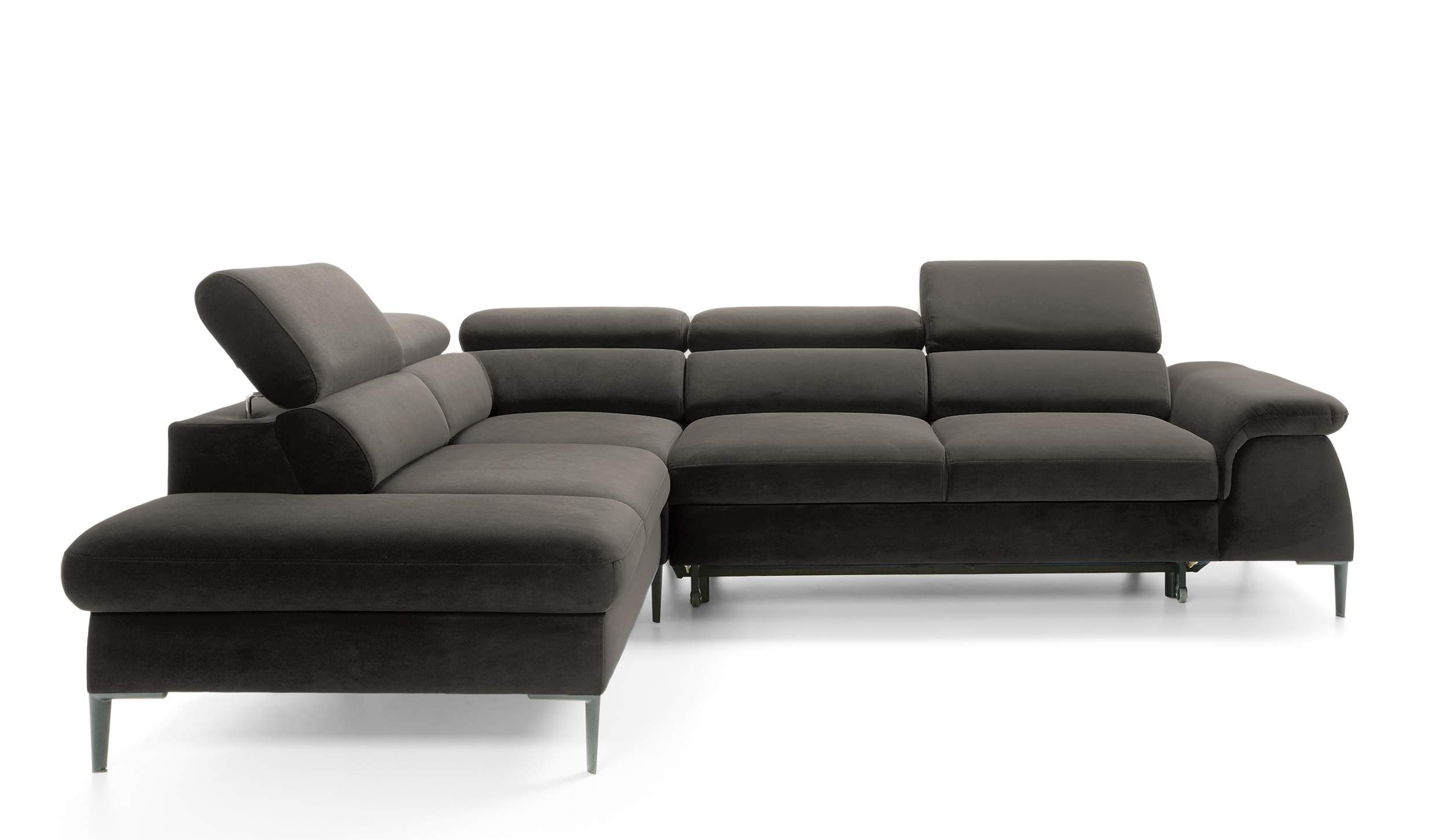 Narożnik z funkcją spania Naverro L-kształtny z pojemnikiem ciemnoszary velvet hydrofobowy lewostronny