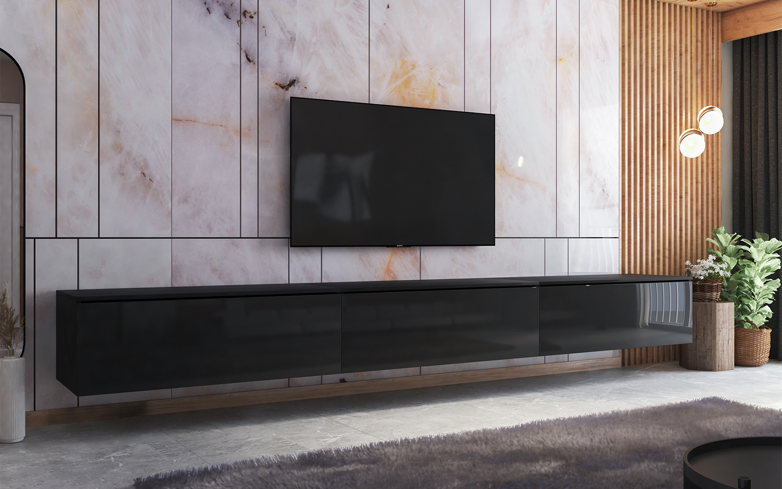 Szafka RTV Skylara 300 cm Czarny mat / czarny połysk - zdjęcie 16