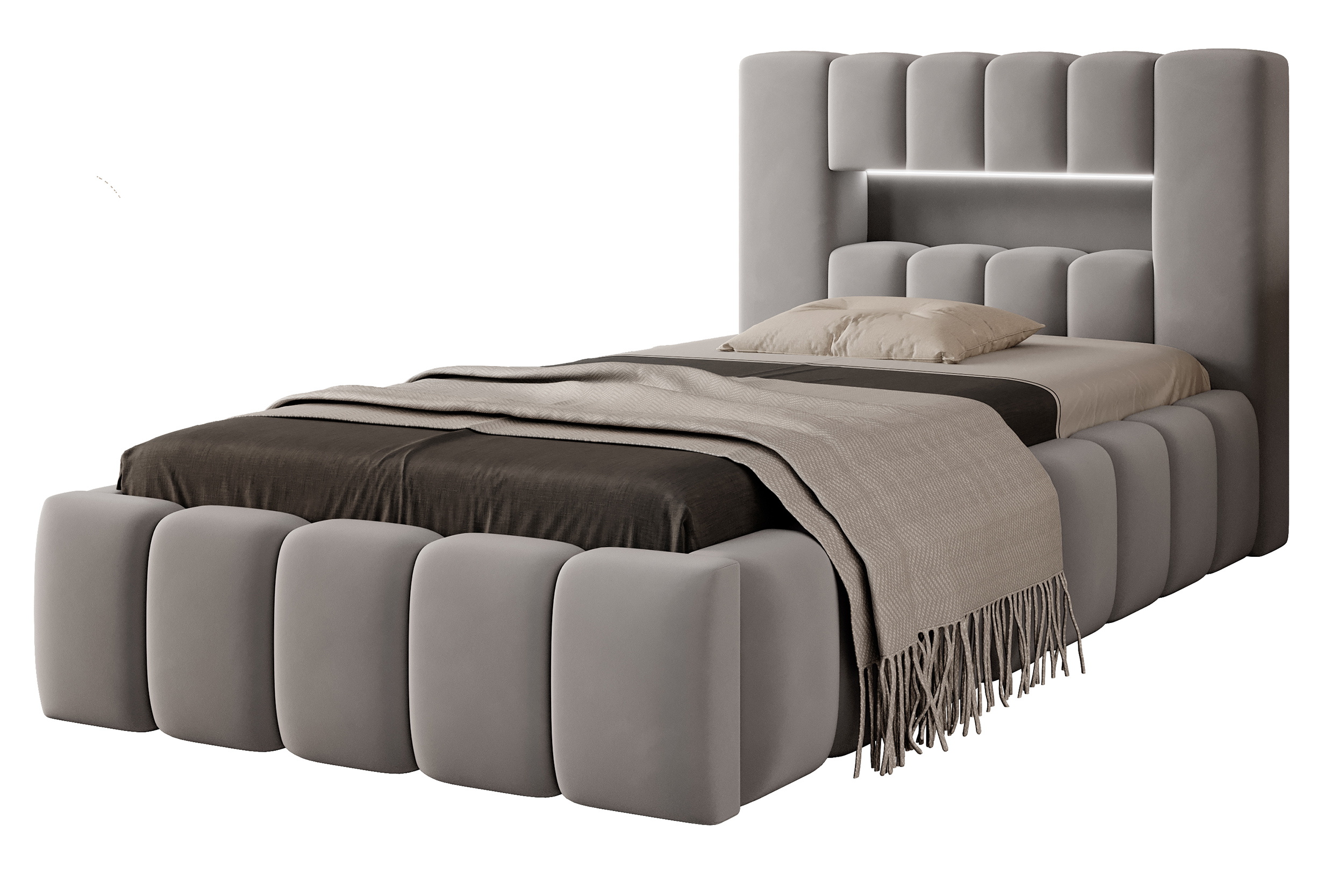 Łóżko tapicerowane 90x200 cm Rodeiro z pojemnikiem i oświetleniem jasnoszare w tkaninie hydrofobowej - zdjęcie 1