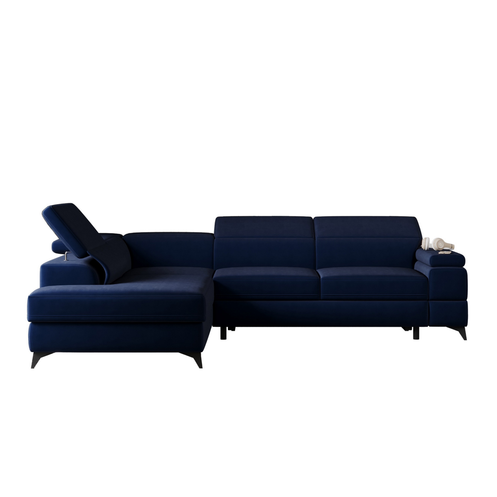 Narożnik rozkładany Fossanova L-kształtny z pojemnikiem lewostronny granatowy velvet hydrofobowy i łatwoczyszczący