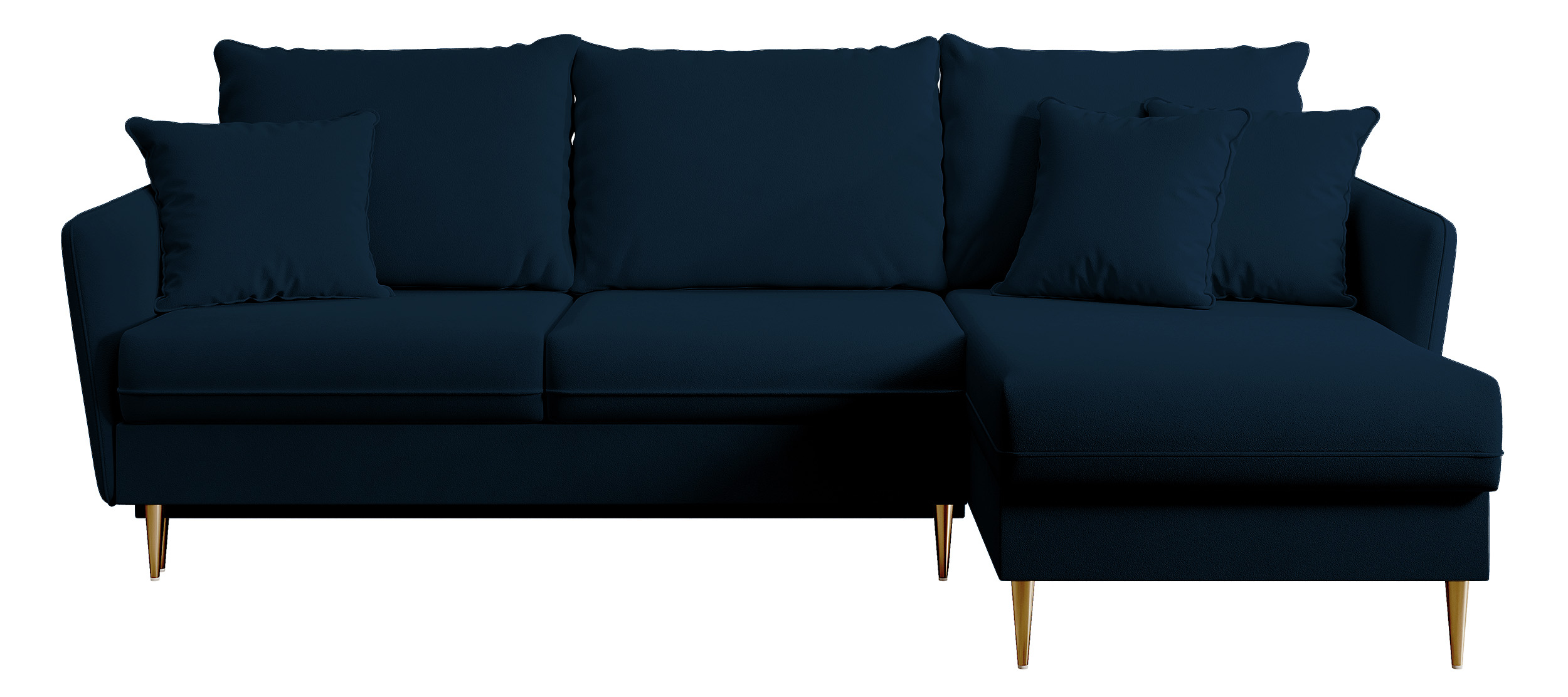 Ecksofa mit Schlaffunktion Volio in marineblauem, hydrophobischem Velvet und goldenen Beinen