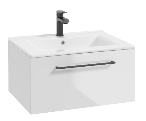 Szafka z umywalką Modullac 60 cm biały połysk z szufladą i czarnym uchwytem - zdjęcie 1