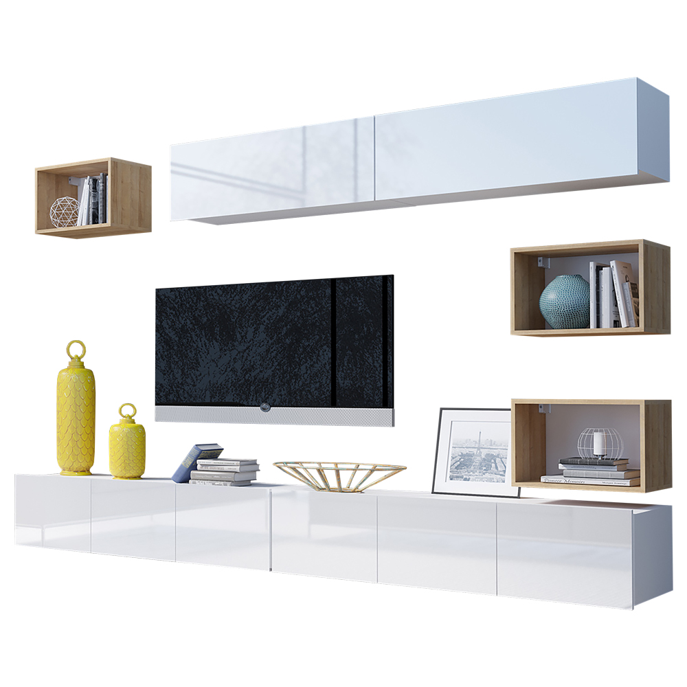 Meblościanka Kirdon duża z trzema otwartymi półkami i dwiema zamkniętymi Biały / Dąb złoty  - zdjęcie 1