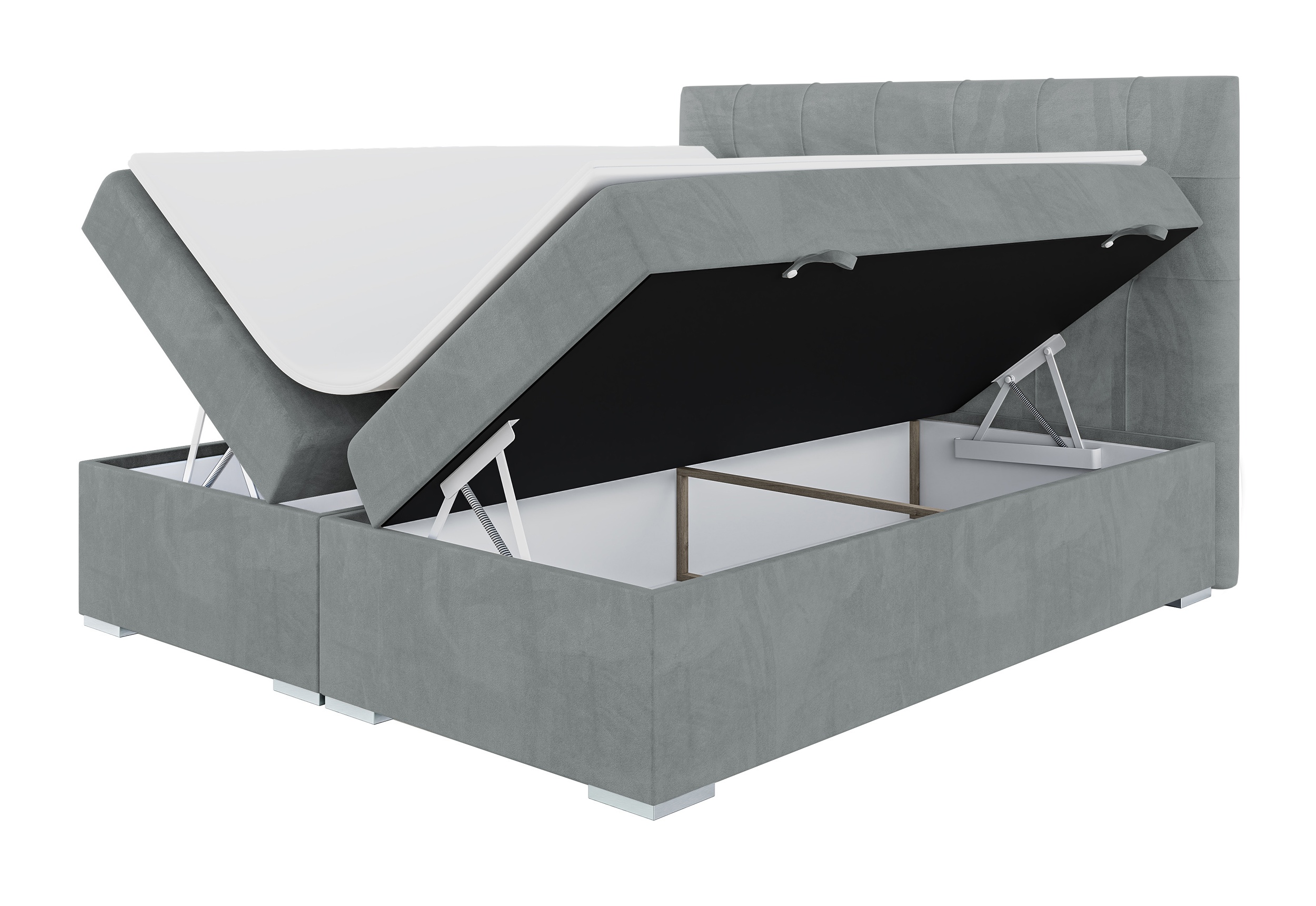 Łóżko kontynentalne 180x200 cm Tondela z pojemnikami i topperem szare welur hydrofobowy