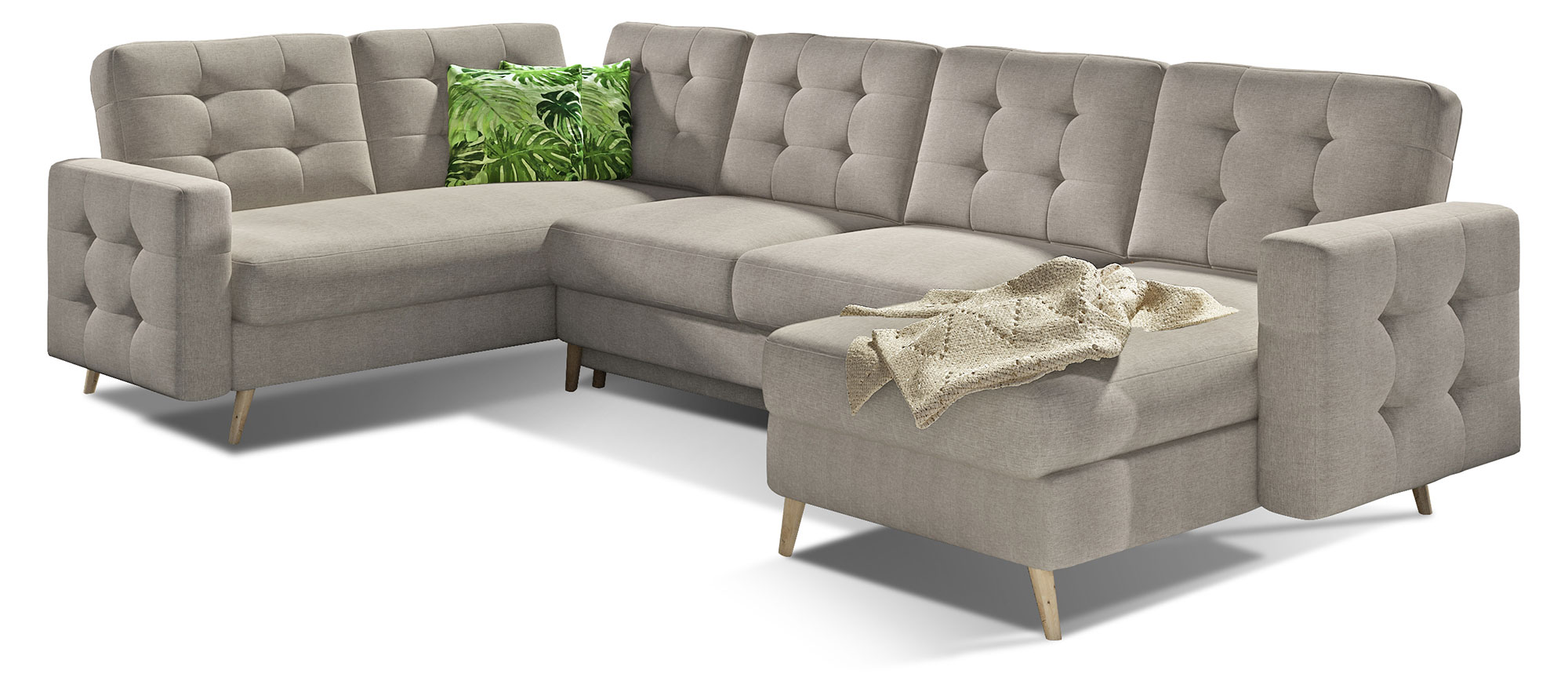 Narożnik z funkcją spania Masime U-kształtny z pojemnikiem uniwersalny beżowy plecionka z motywem roślinnym - zdjęcie 1