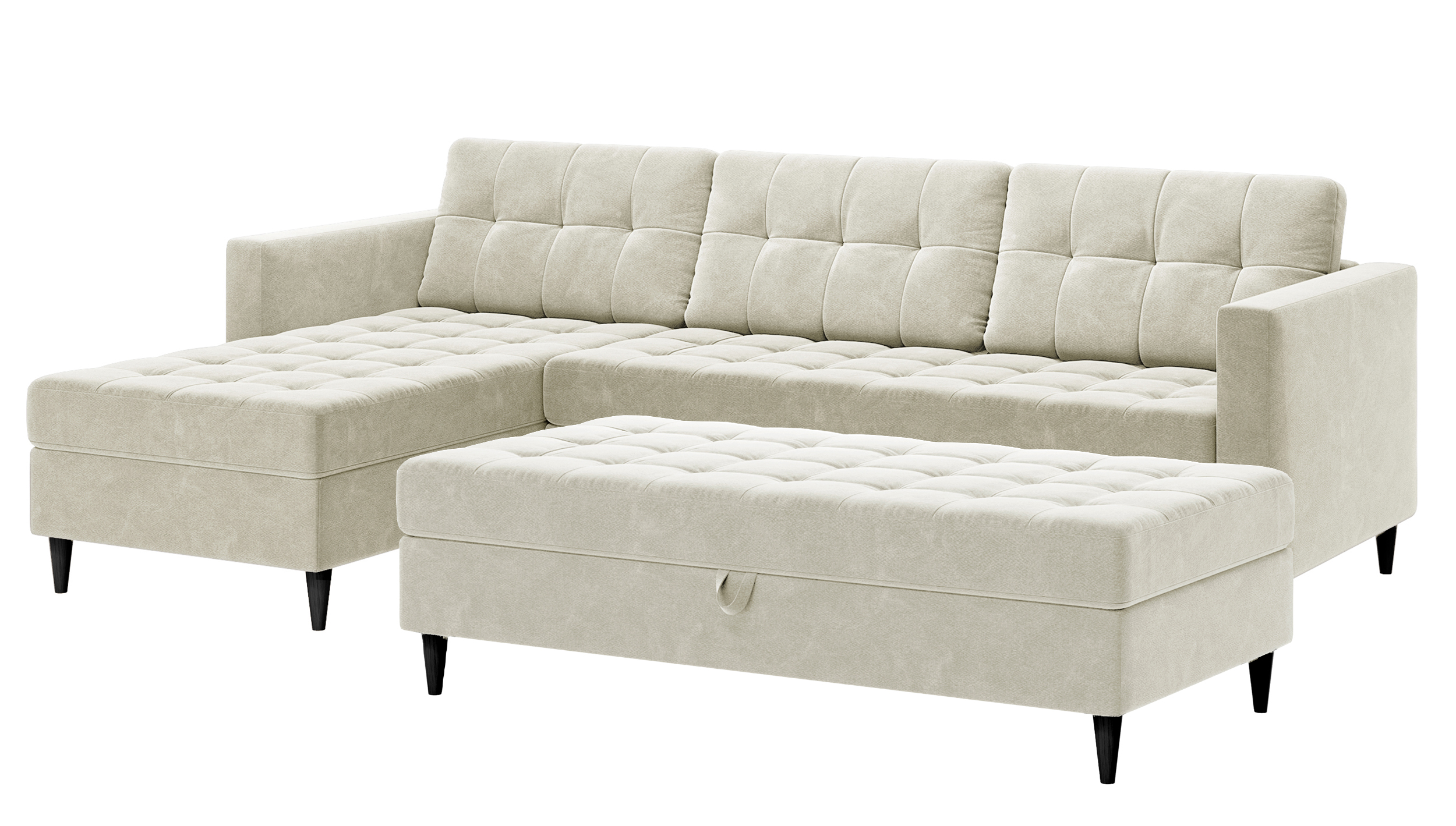 Narożnik Kopenhaga beżowy welur hydrofobowy czarne drewniane nóżki z pufą - zdjęcie 1